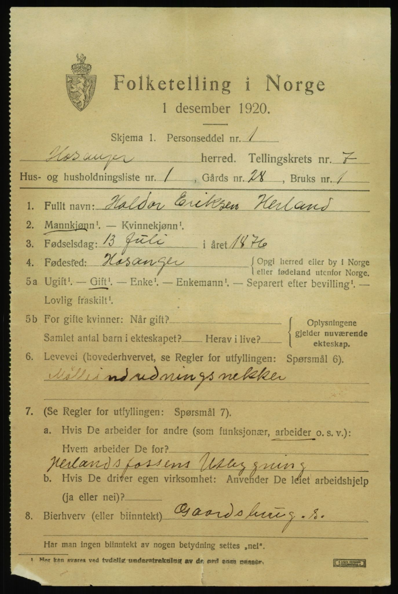 SAB, 1920 census for Hosanger, 1920, p. 3065