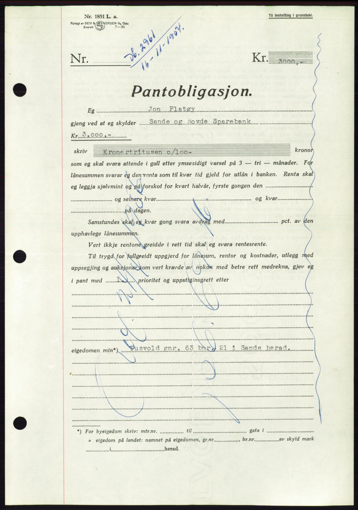 Søre Sunnmøre sorenskriveri, AV/SAT-A-4122/1/2/2C/L0126: Mortgage book no. 14B, 1954-1955, Diary no: : 2961/1954