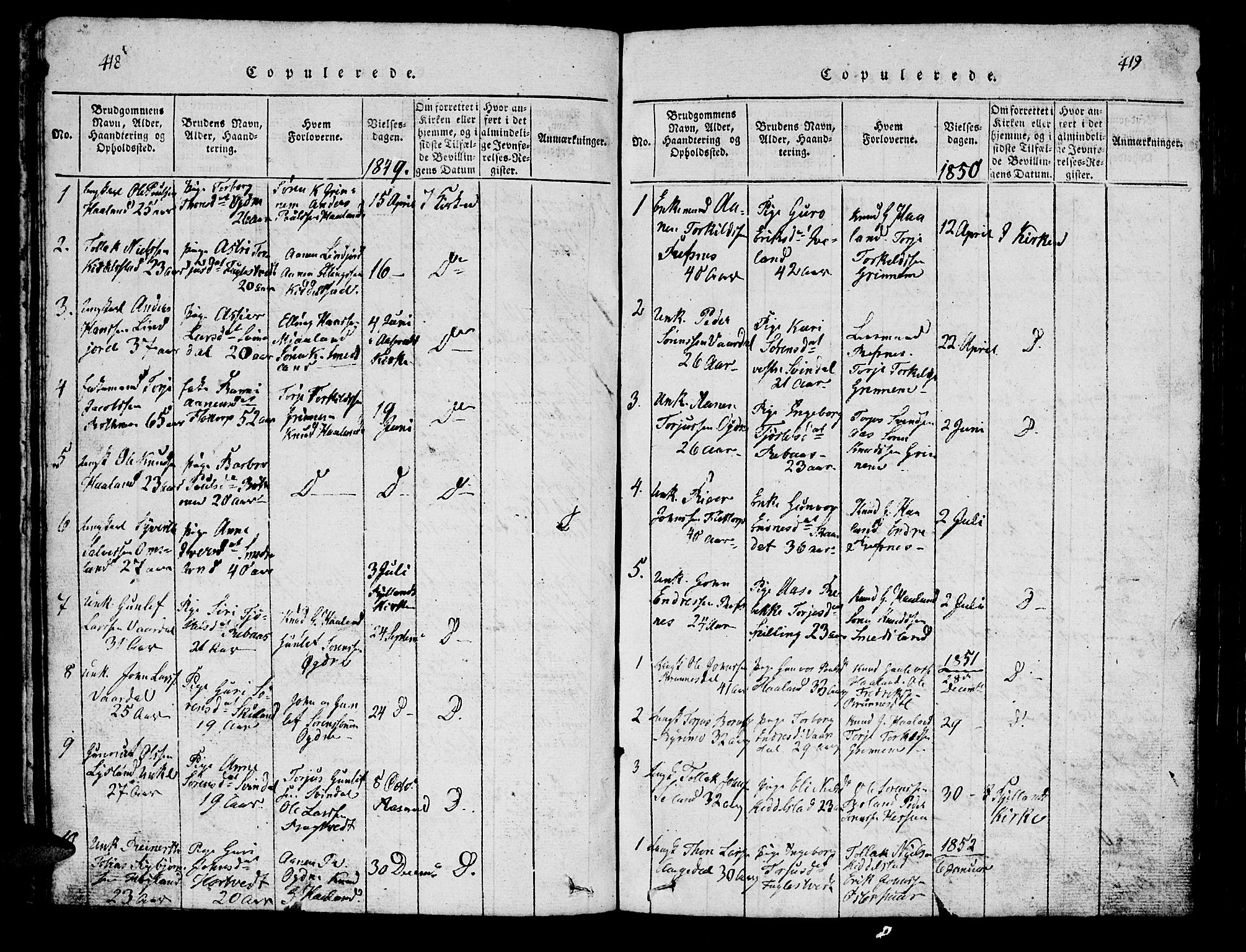 Bjelland sokneprestkontor, SAK/1111-0005/F/Fb/Fbc/L0001: Parish register (copy) no. B 1, 1815-1870, p. 418-419