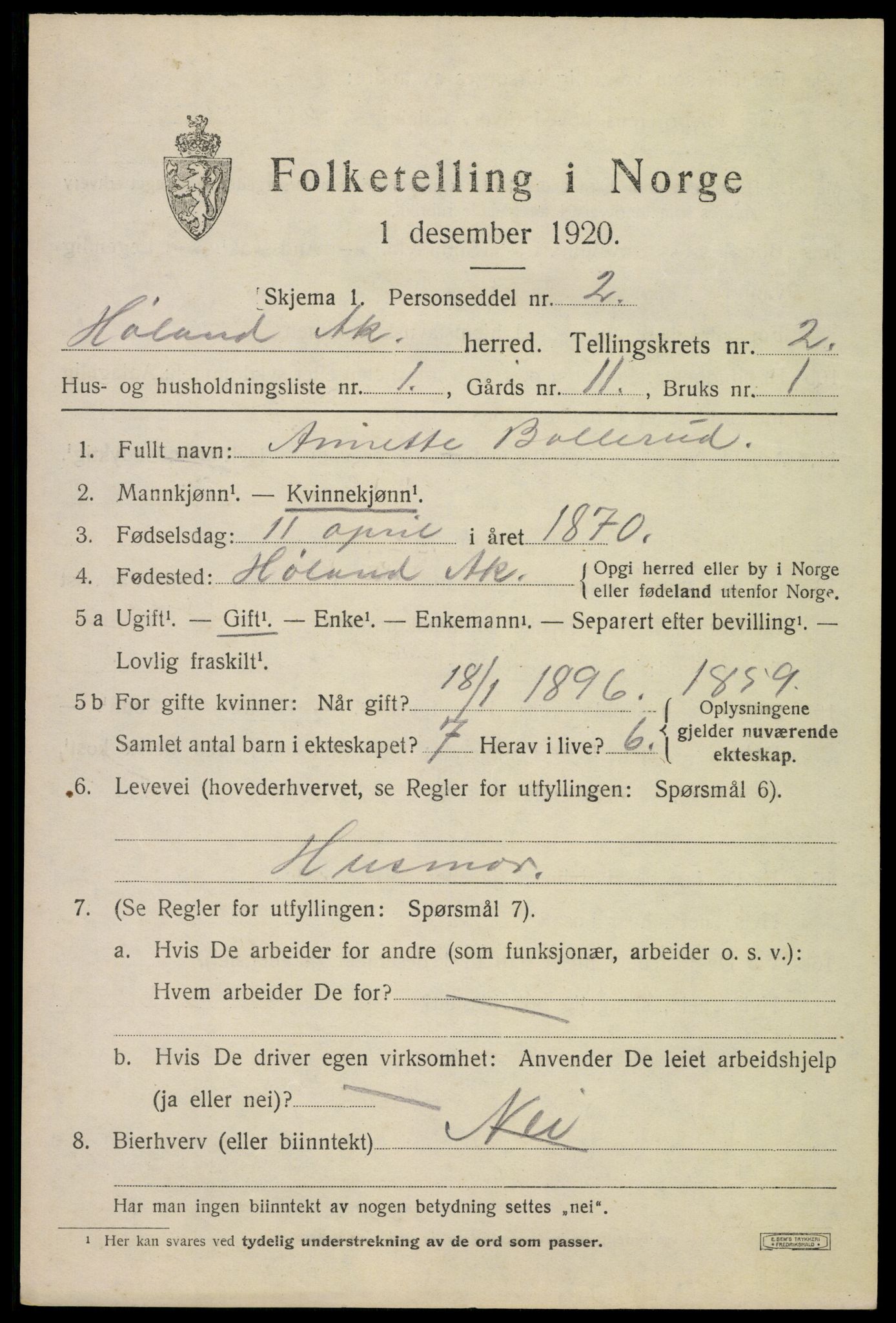 SAO, 1920 census for Høland, 1920, p. 3993