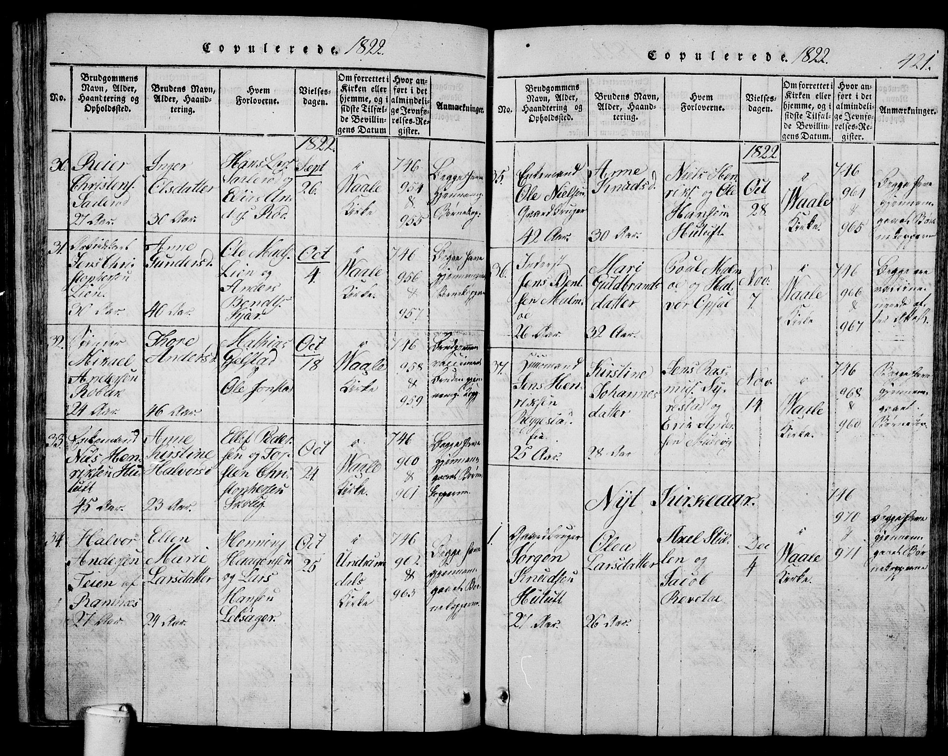 Våle kirkebøker, AV/SAKO-A-334/G/Ga/L0001: Parish register (copy) no. I 1, 1814-1824, p. 420-421