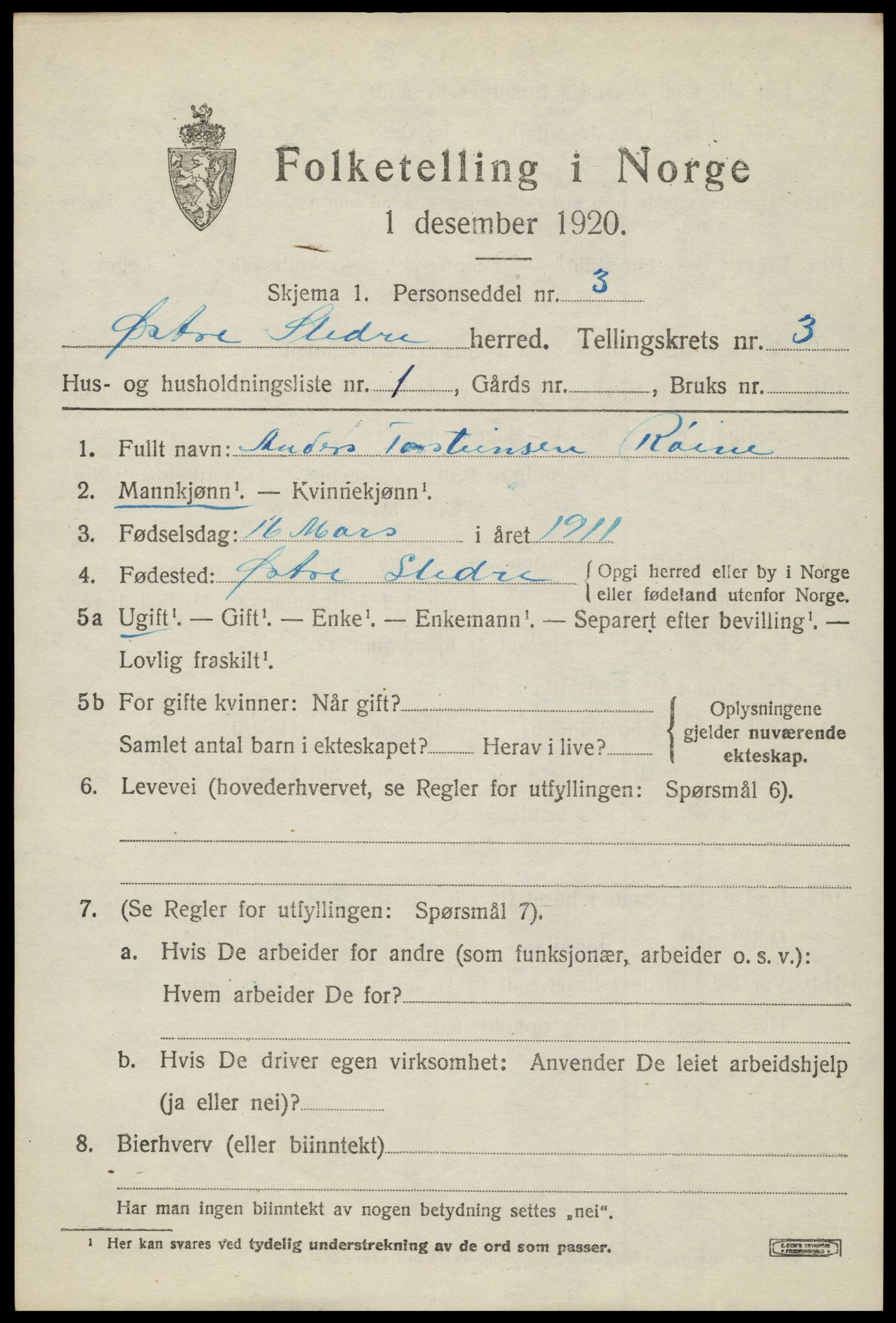 SAH, 1920 census for Øystre Slidre, 1920, p. 2177