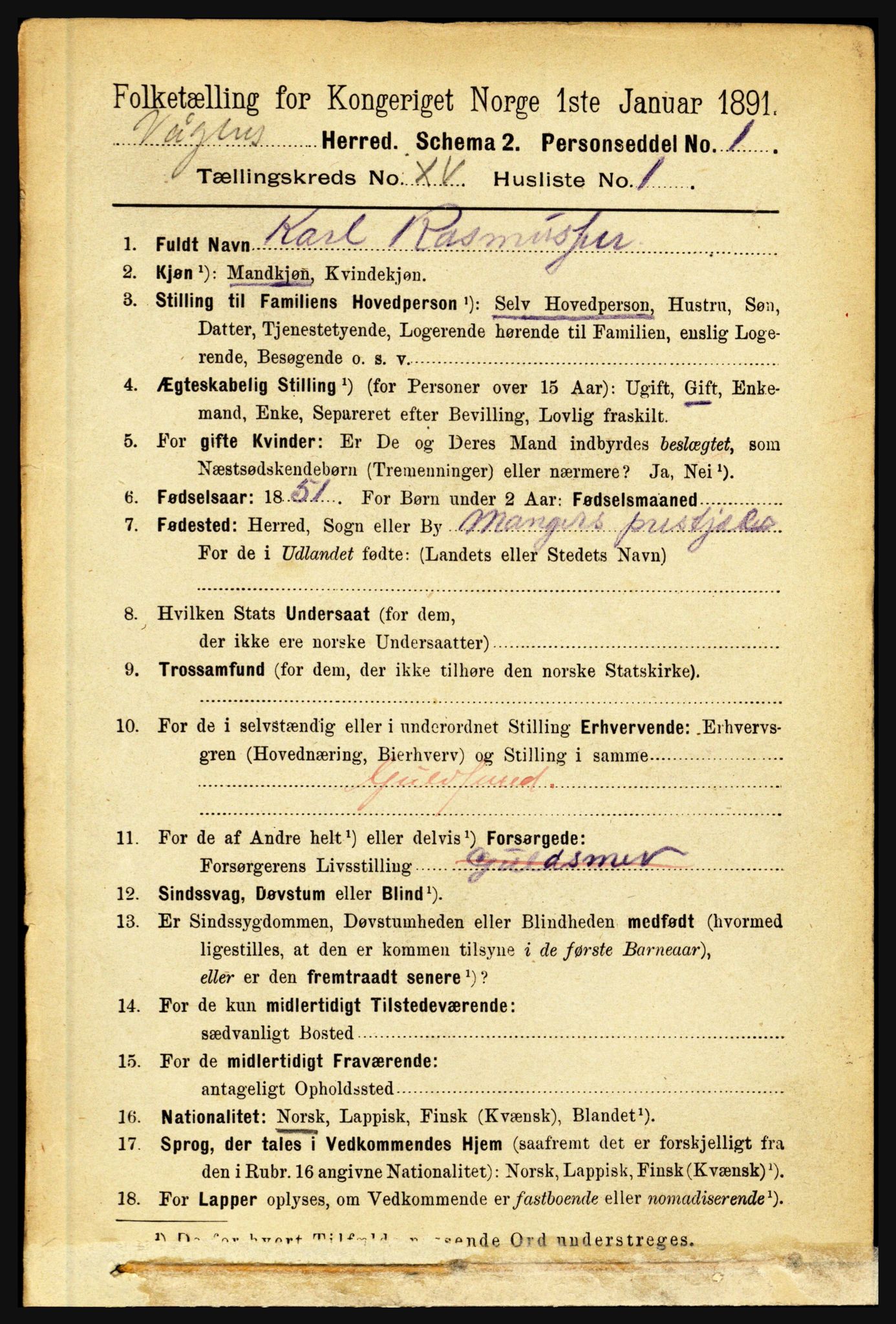 RA, 1891 census for 1865 Vågan, 1891, p. 4078