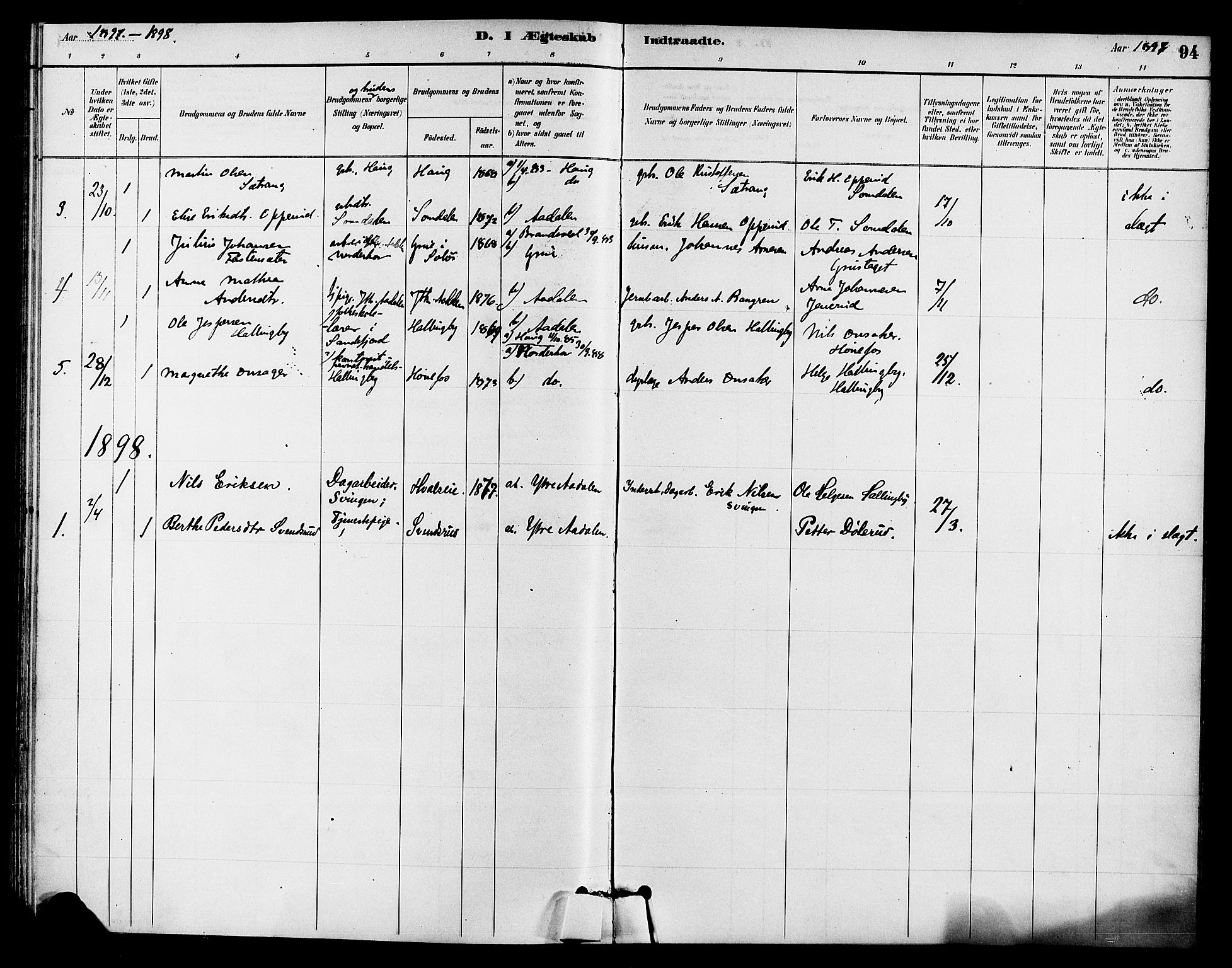 Ådal kirkebøker, AV/SAKO-A-248/F/Fb/L0001: Parish register (official) no. II 1, 1884-1897, p. 94