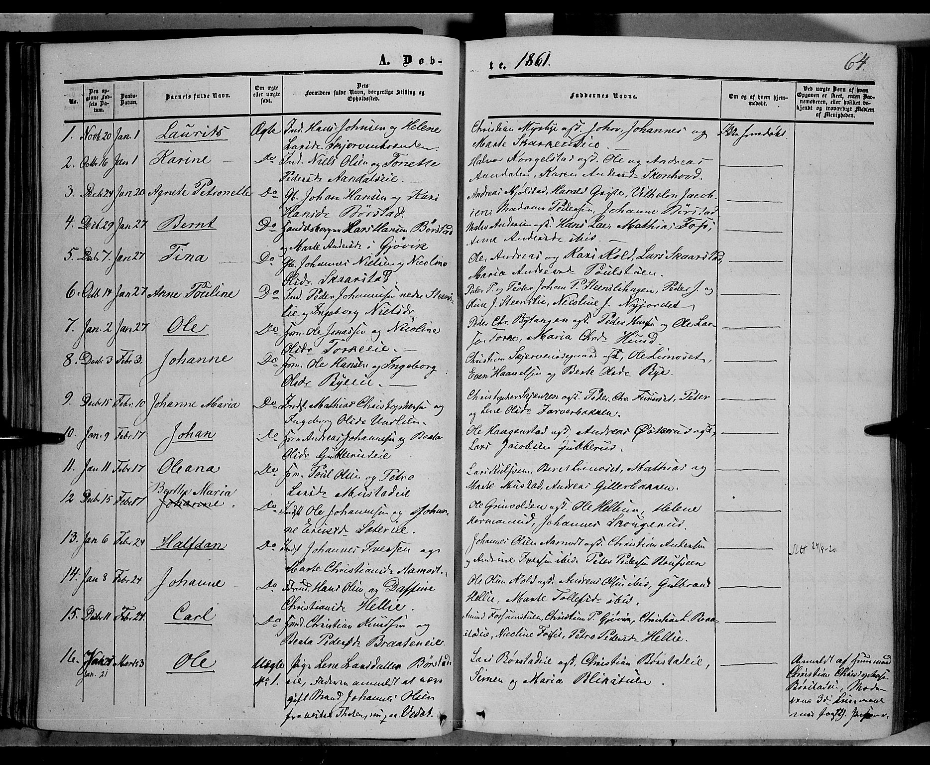 Vardal prestekontor, SAH/PREST-100/H/Ha/Haa/L0006: Parish register (official) no. 6, 1854-1866, p. 64