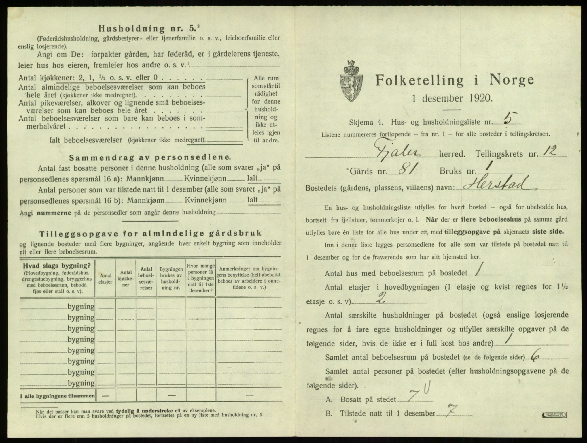 SAB, 1920 census for Fjaler, 1920, p. 1013