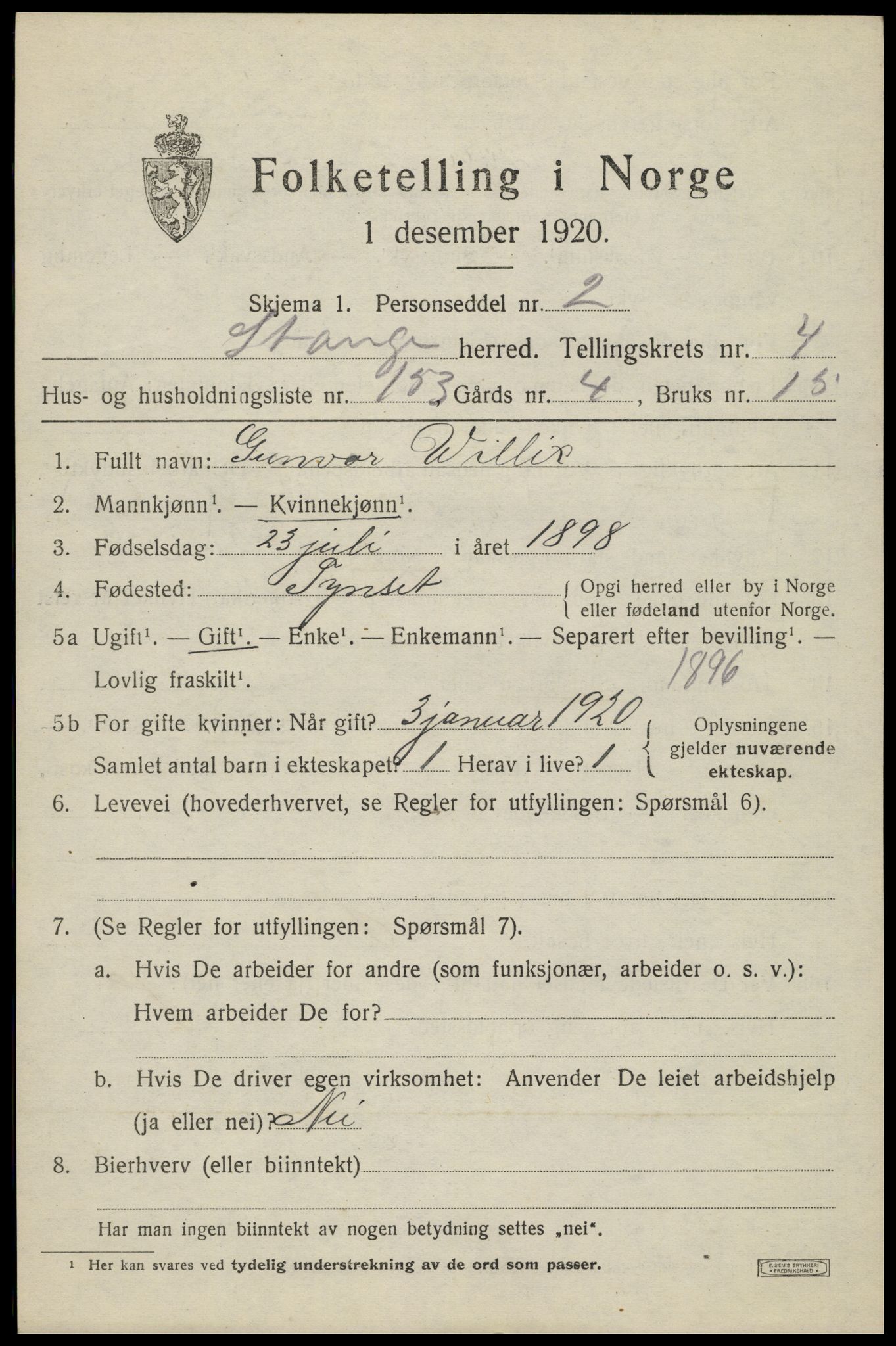 SAH, 1920 census for Stange, 1920, p. 8899