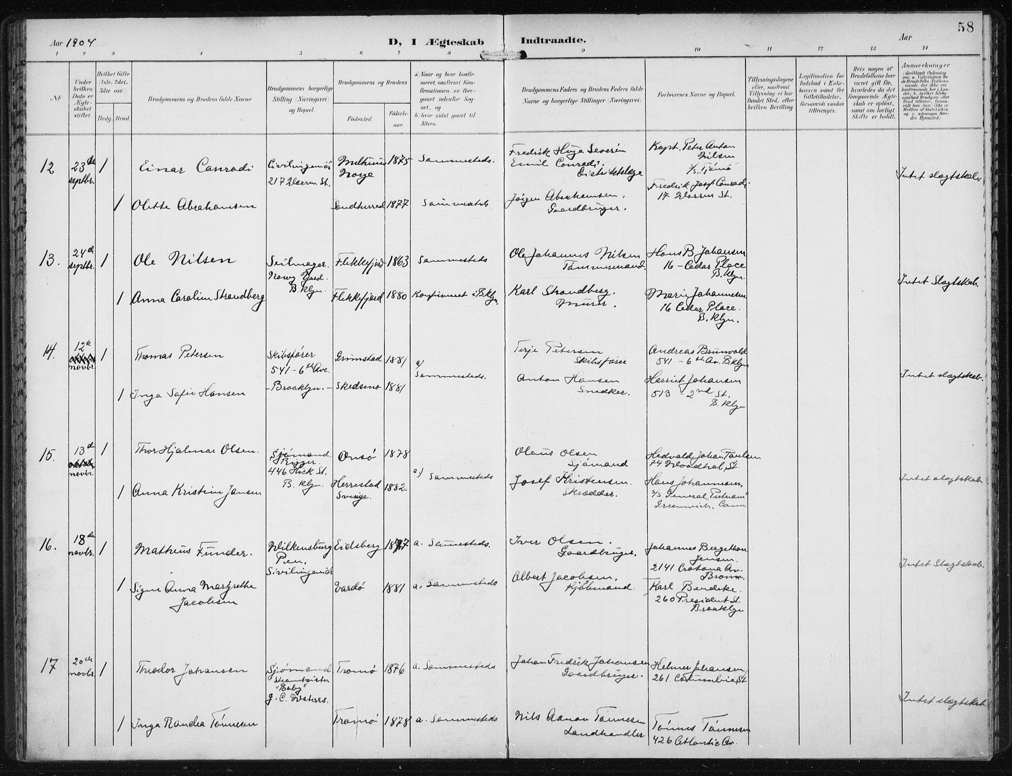 Den norske sjømannsmisjon i utlandet/New York, SAB/SAB/PA-0110/H/Ha/L0005: Parish register (official) no. A 5, 1902-1908, p. 58