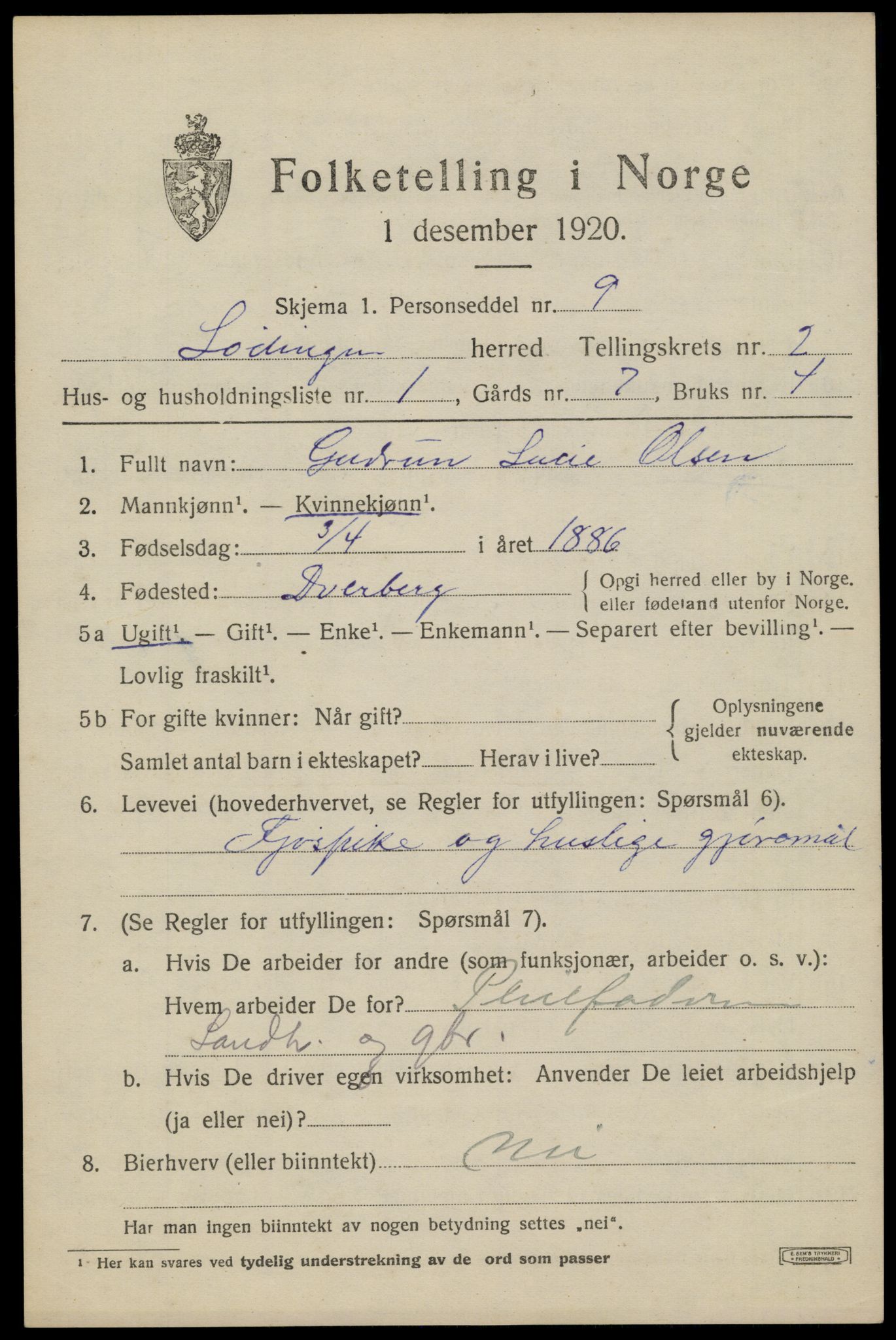 SAT, 1920 census for Lødingen, 1920, p. 1605