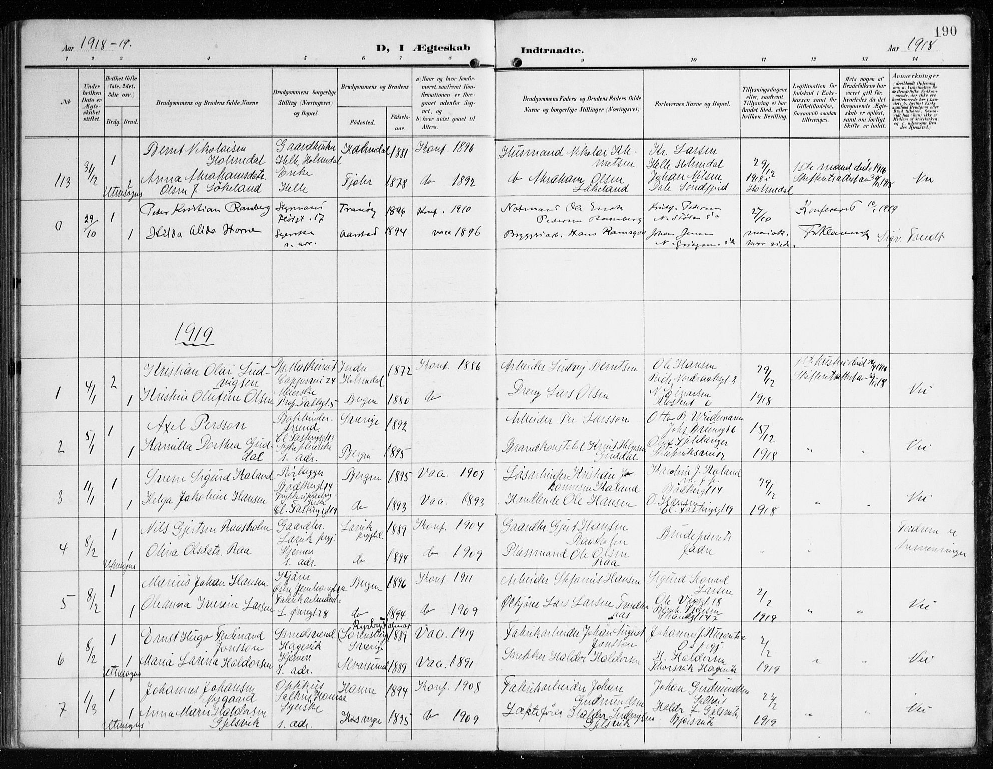 Korskirken sokneprestembete, SAB/A-76101/H/Haa/L0038: Parish register (official) no. D 5, 1904-1919, p. 190