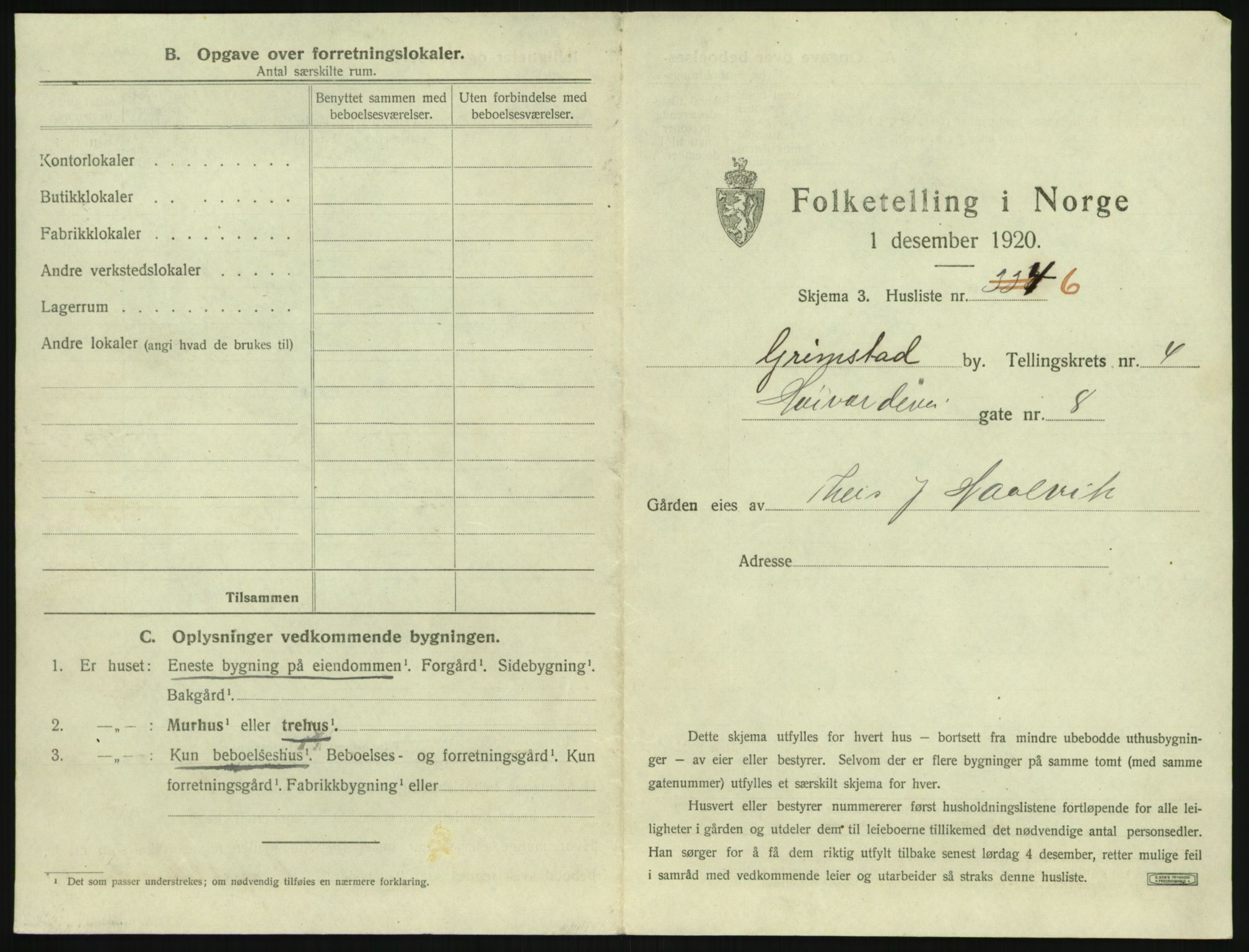 SAK, 1920 census for Grimstad, 1920, p. 619