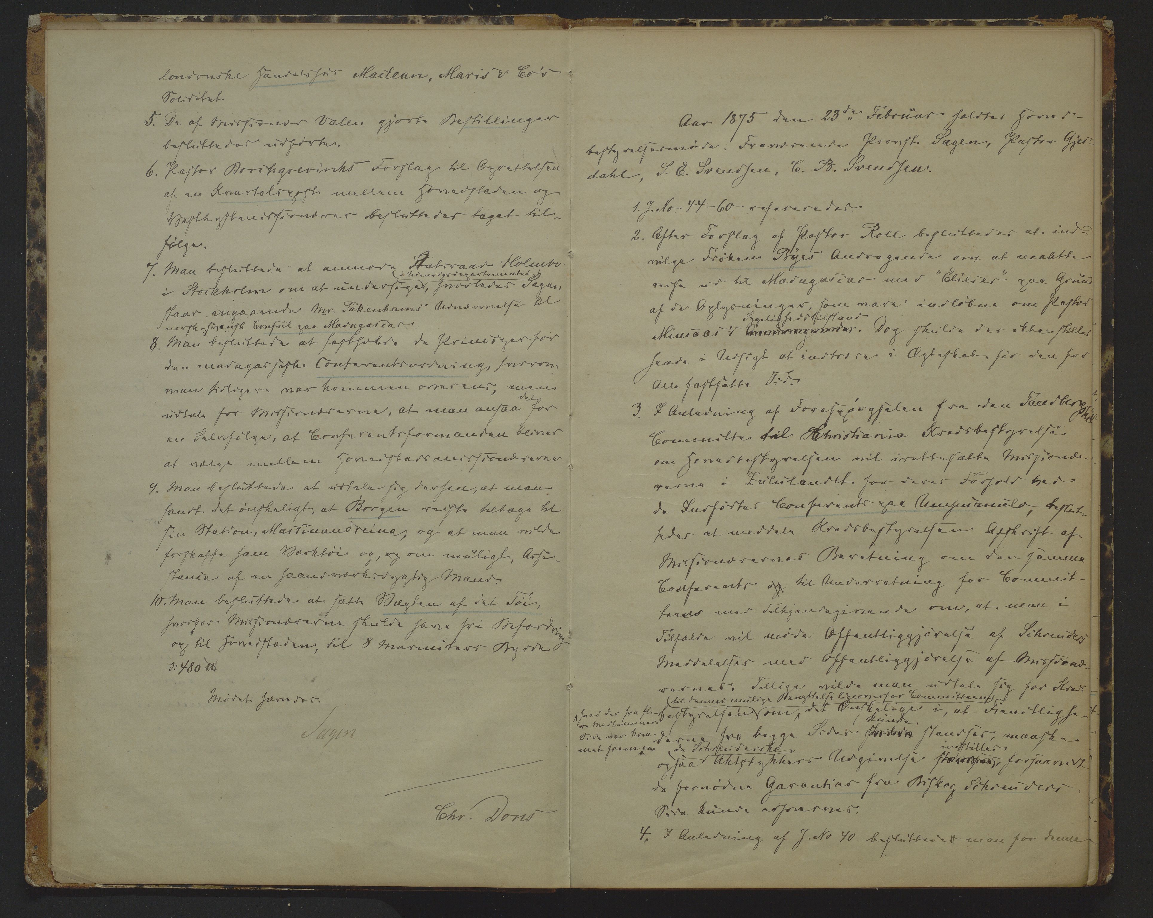 Det Norske Misjonsselskap - hovedadministrasjonen, VID/MA-A-1045/D/Da/Daa/L0009: Styreprotokoll nr. IV, 25. januar 1875 - 9. februar 1881, 1875-1881
