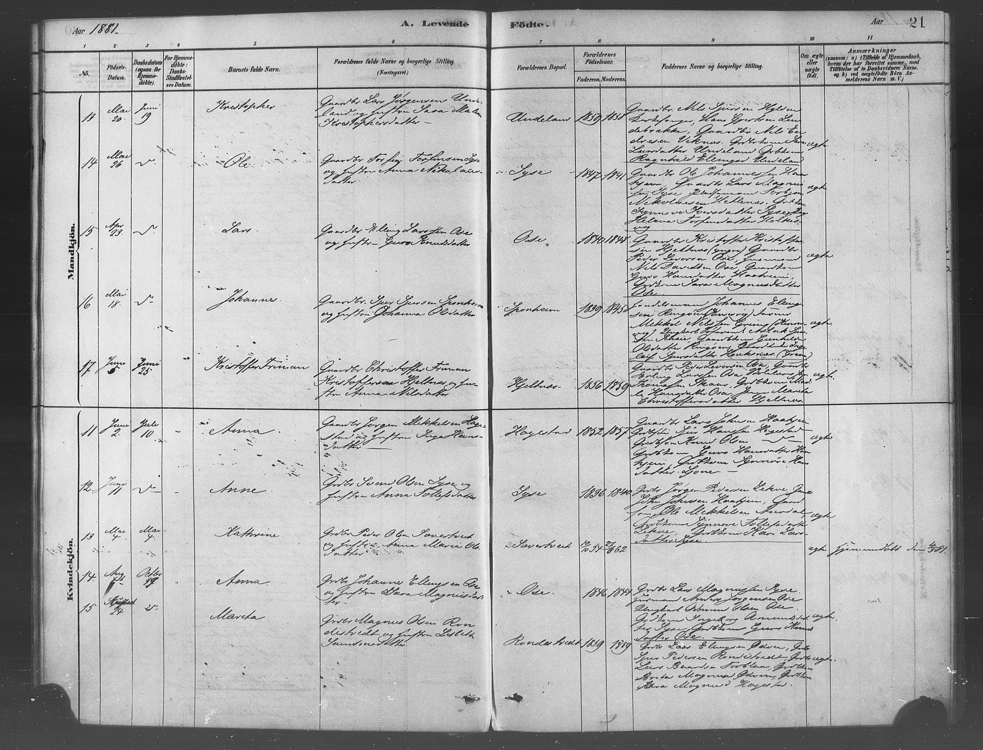 Ulvik sokneprestembete, AV/SAB-A-78801/H/Haa: Parish register (official) no. B 1, 1878-1897, p. 21