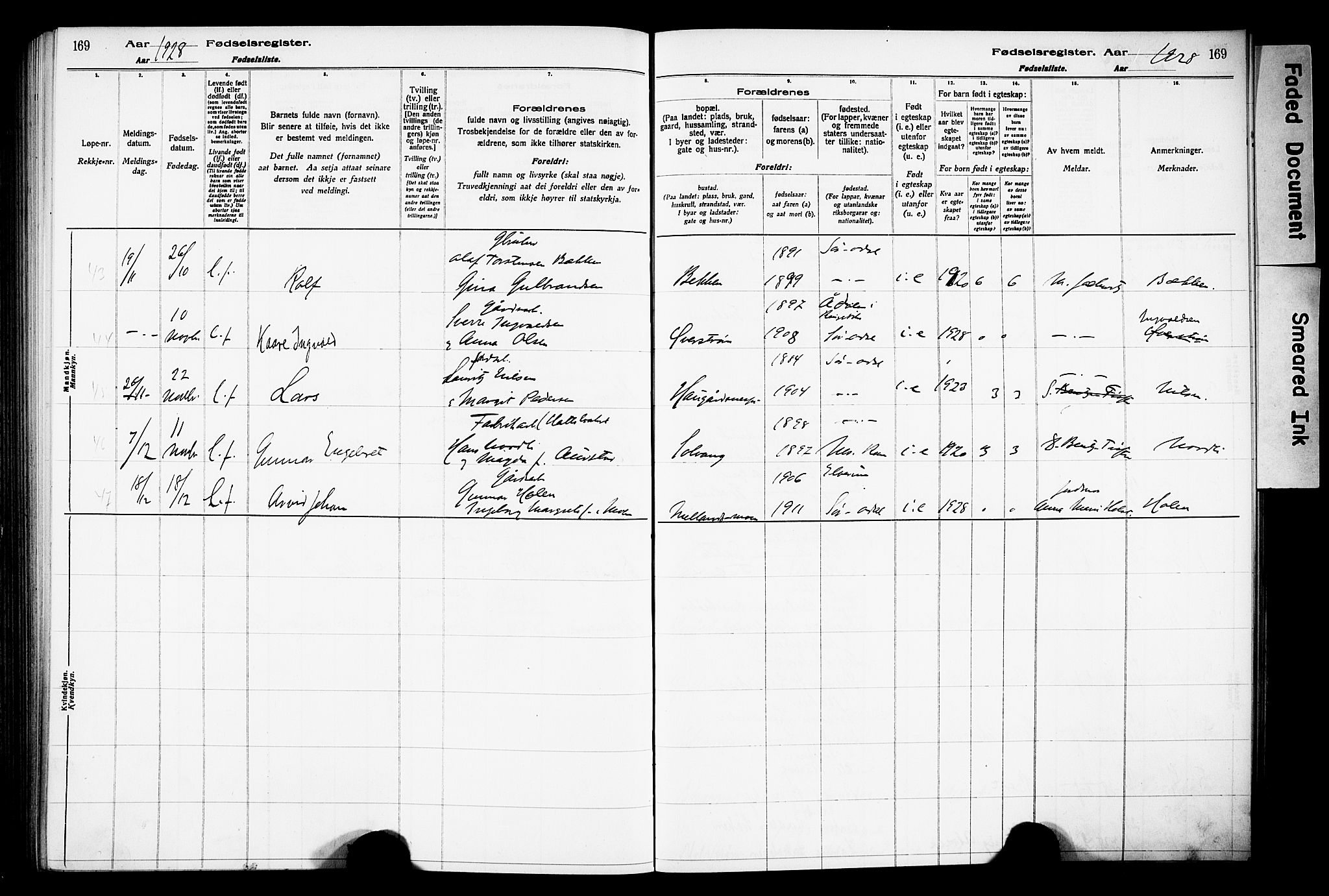 Sør-Odal prestekontor, SAH/PREST-030/I/Id: Birth register no. 1, 1916-1931, p. 169