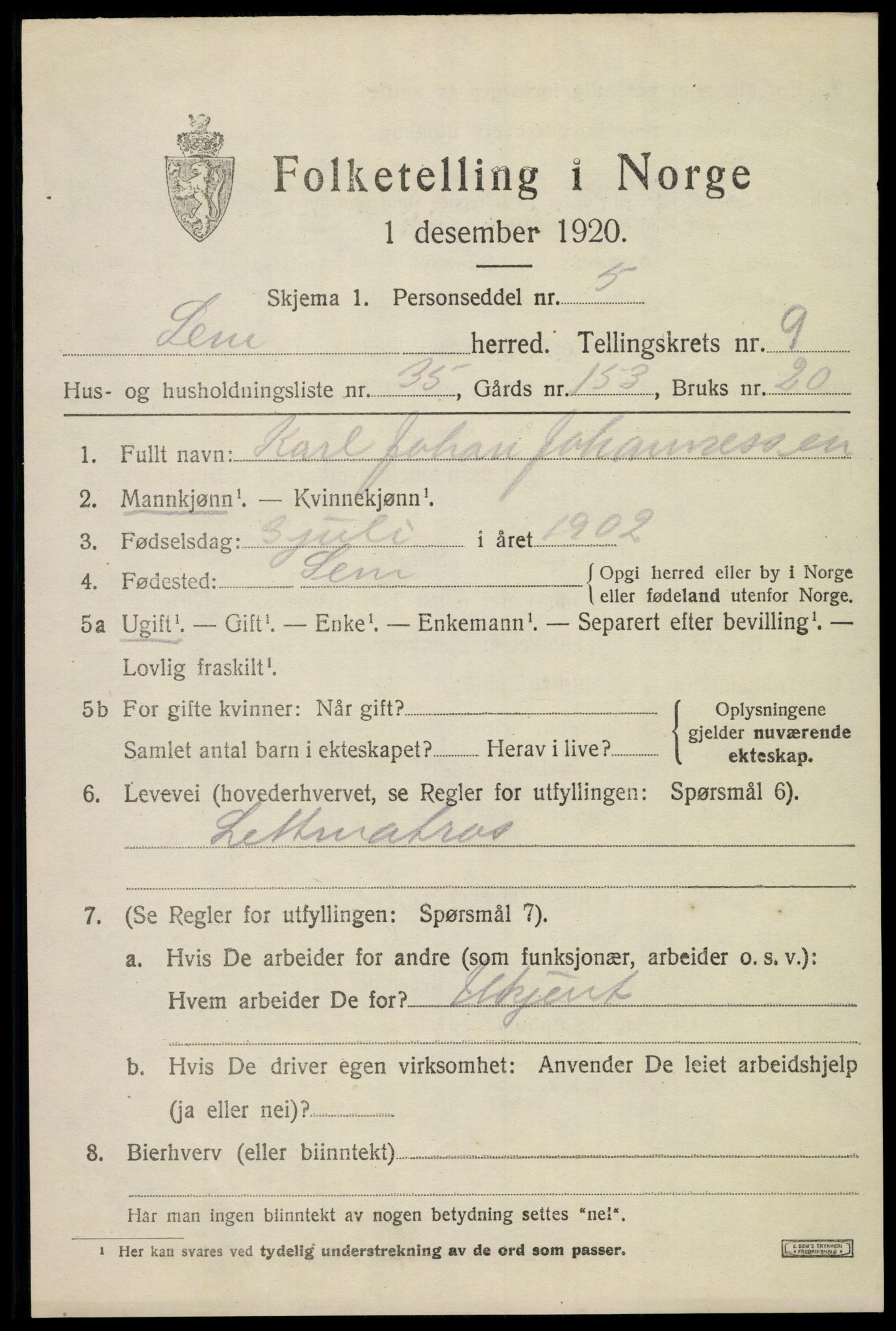 SAKO, 1920 census for Sem, 1920, p. 12949