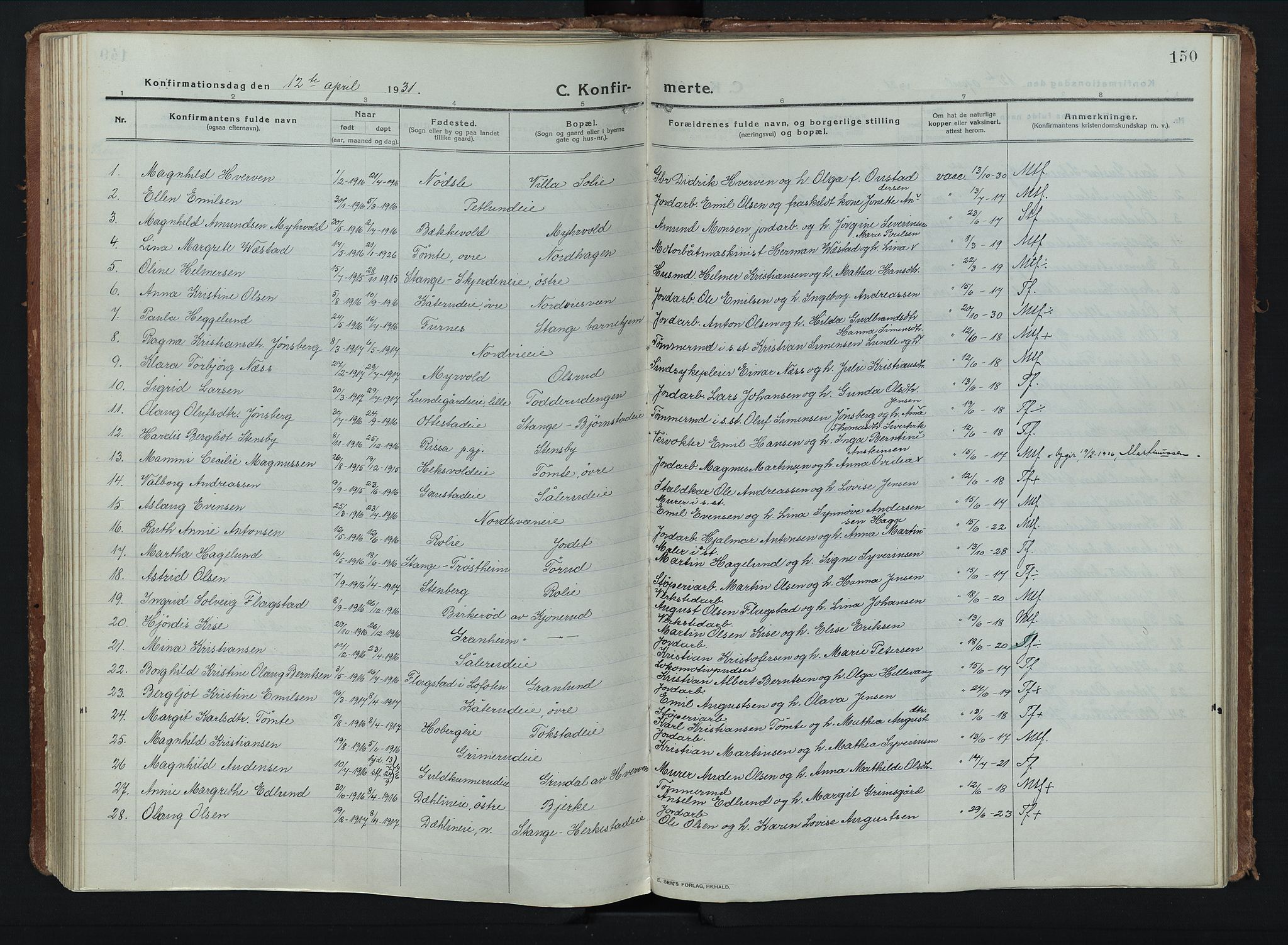 Stange prestekontor, SAH/PREST-002/K/L0028: Parish register (official) no. 28, 1913-1932, p. 150