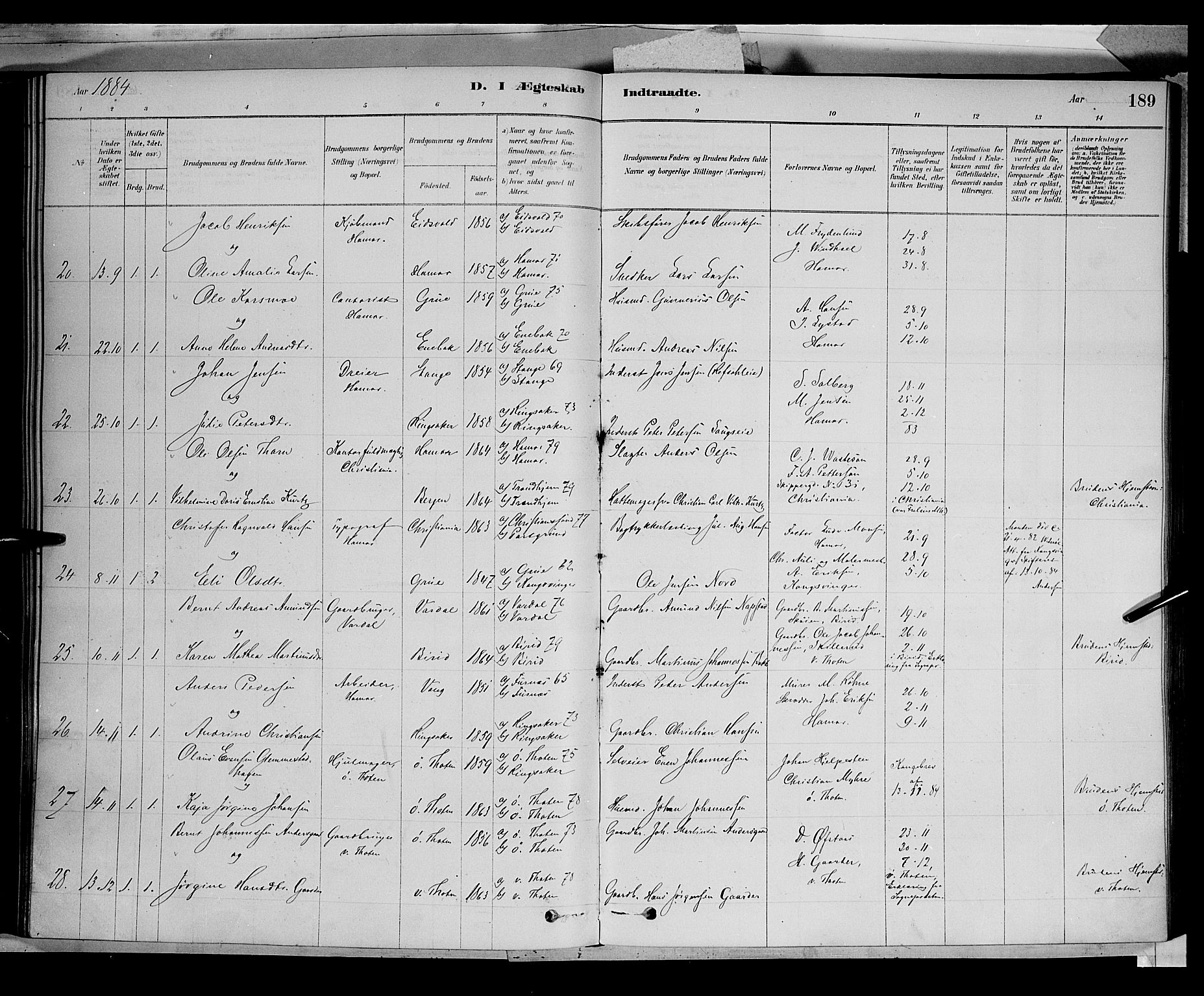 Vang prestekontor, Hedmark, AV/SAH-PREST-008/H/Ha/Haa/L0016: Parish register (official) no. 16, 1878-1889, p. 189