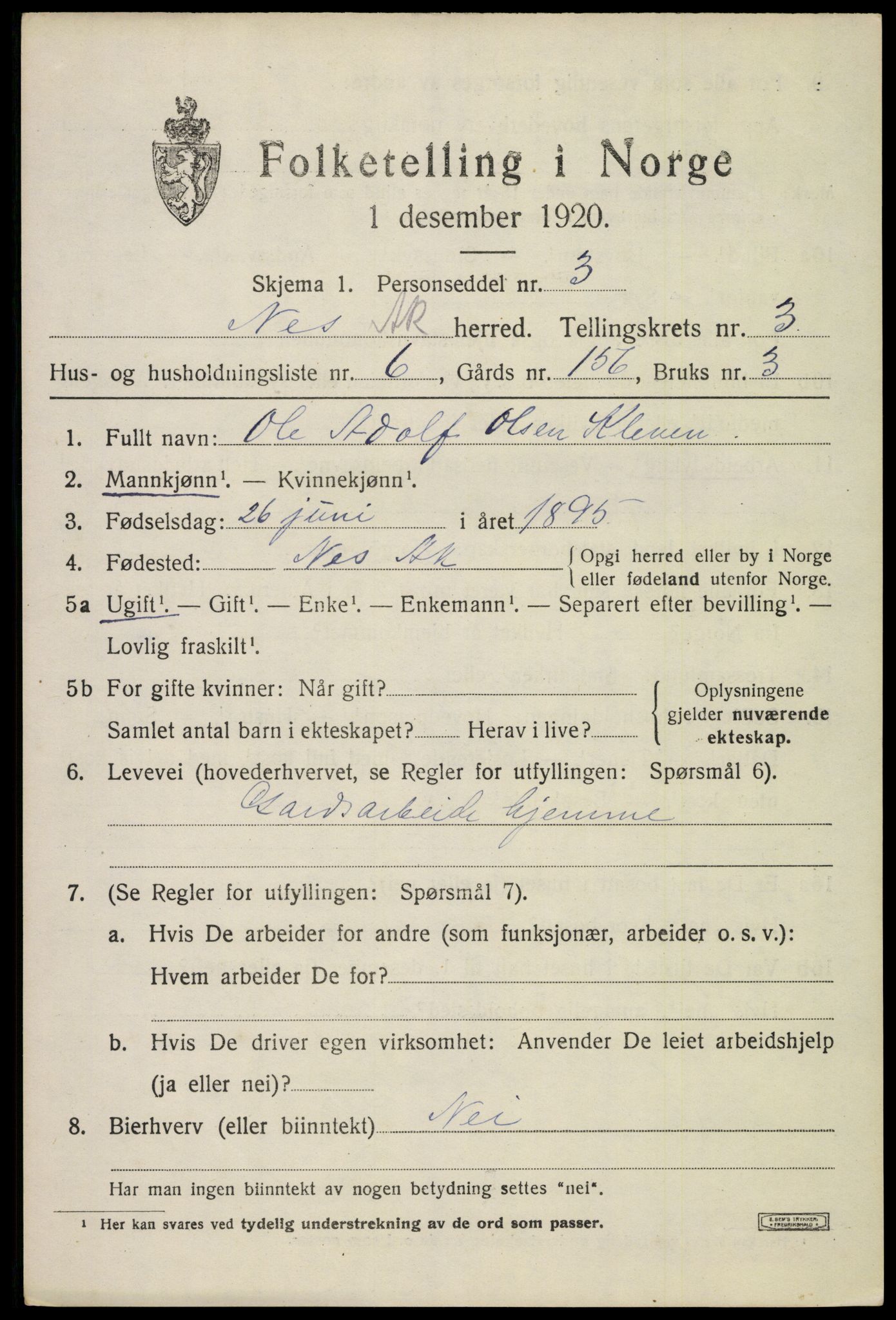 SAO, 1920 census for Nes, 1920, p. 5852