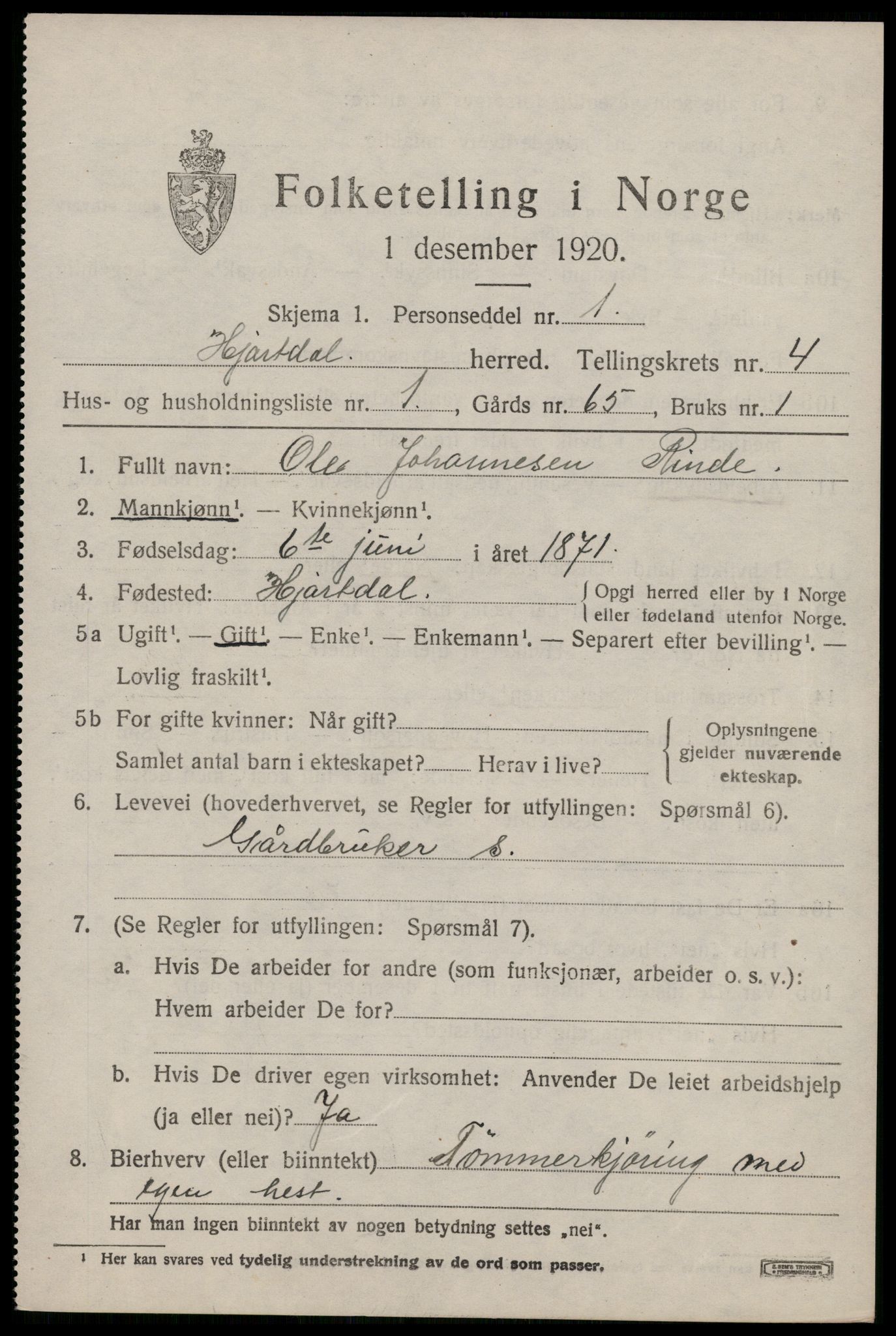 SAKO, 1920 census for Hjartdal, 1920, p. 2796