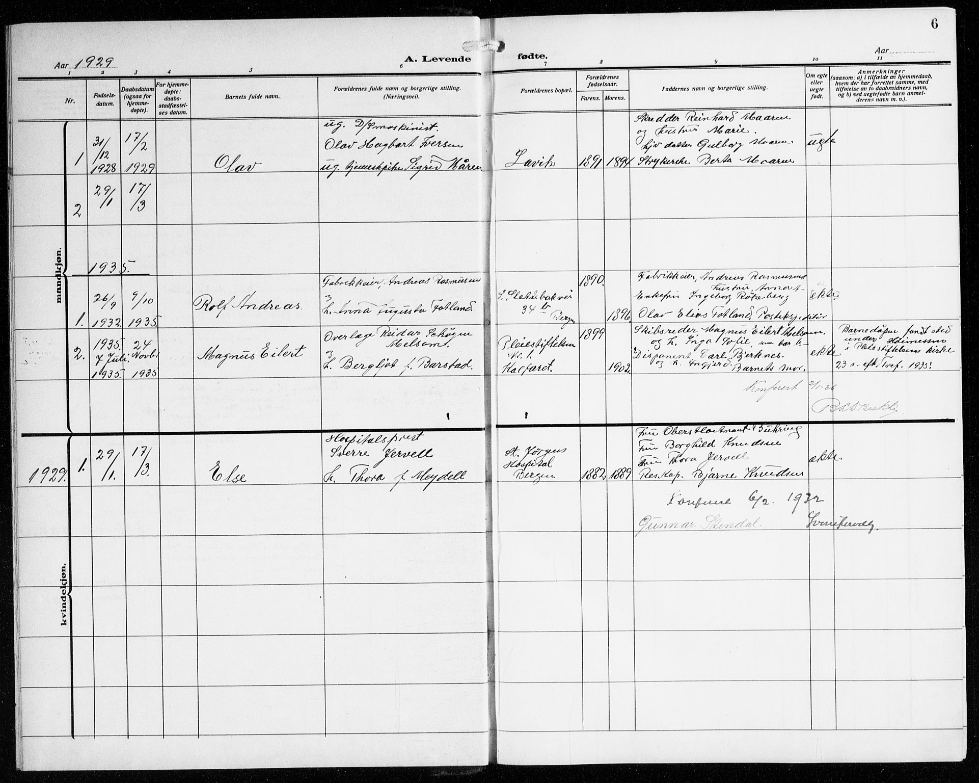 St. Jørgens hospital og Årstad sokneprestembete, SAB/A-99934: Parish register (copy) no. A 11, 1909-1935, p. 6