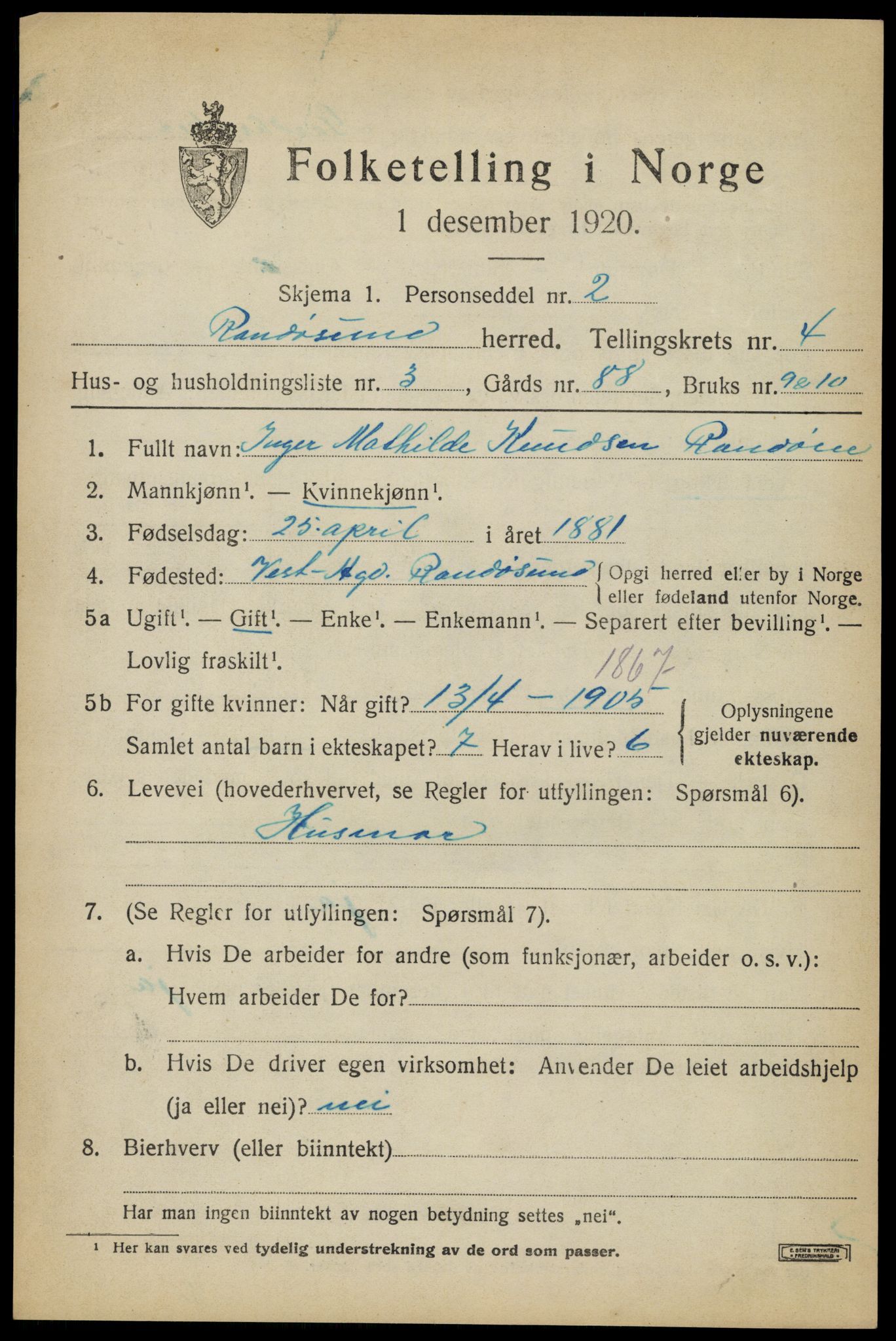 SAK, 1920 census for Randesund, 1920, p. 1816