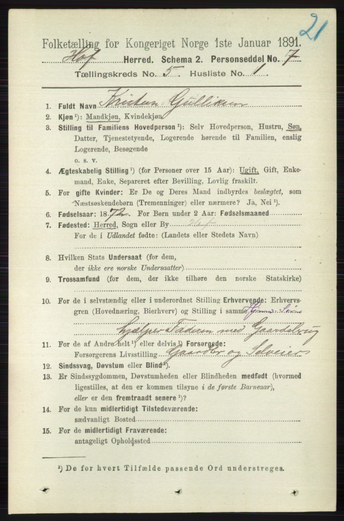 RA, 1891 census for 0714 Hof, 1891, p. 1499