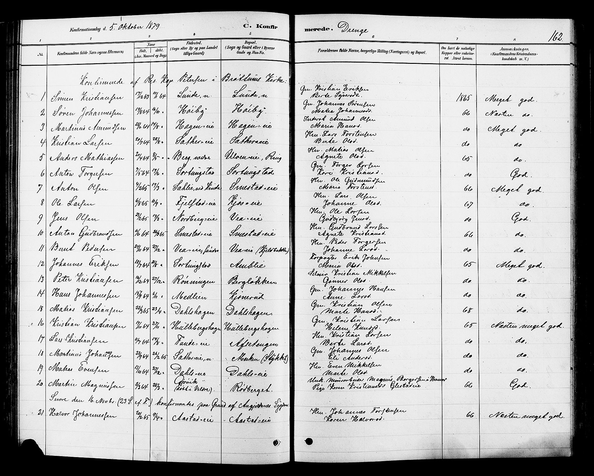Ringsaker prestekontor, SAH/PREST-014/L/La/L0009: Parish register (copy) no. 9, 1879-1890, p. 162