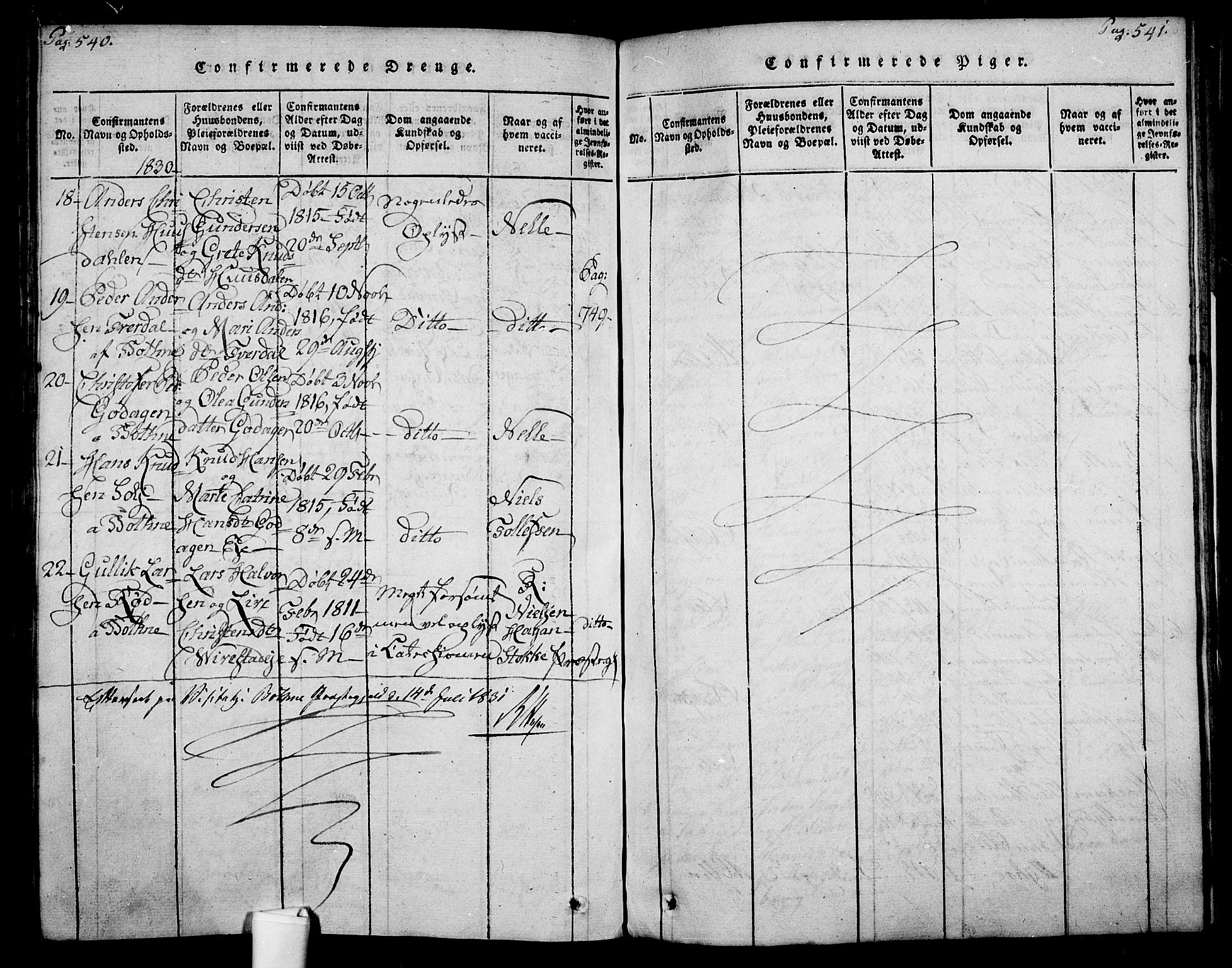 Botne kirkebøker, AV/SAKO-A-340/F/Fa/L0005: Parish register (official) no. I 5, 1814-1836, p. 540-541