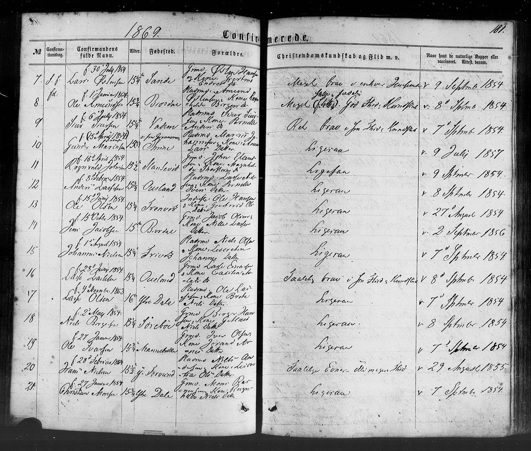 Lavik sokneprestembete, SAB/A-80901: Parish register (official) no. A 4, 1864-1881, p. 181