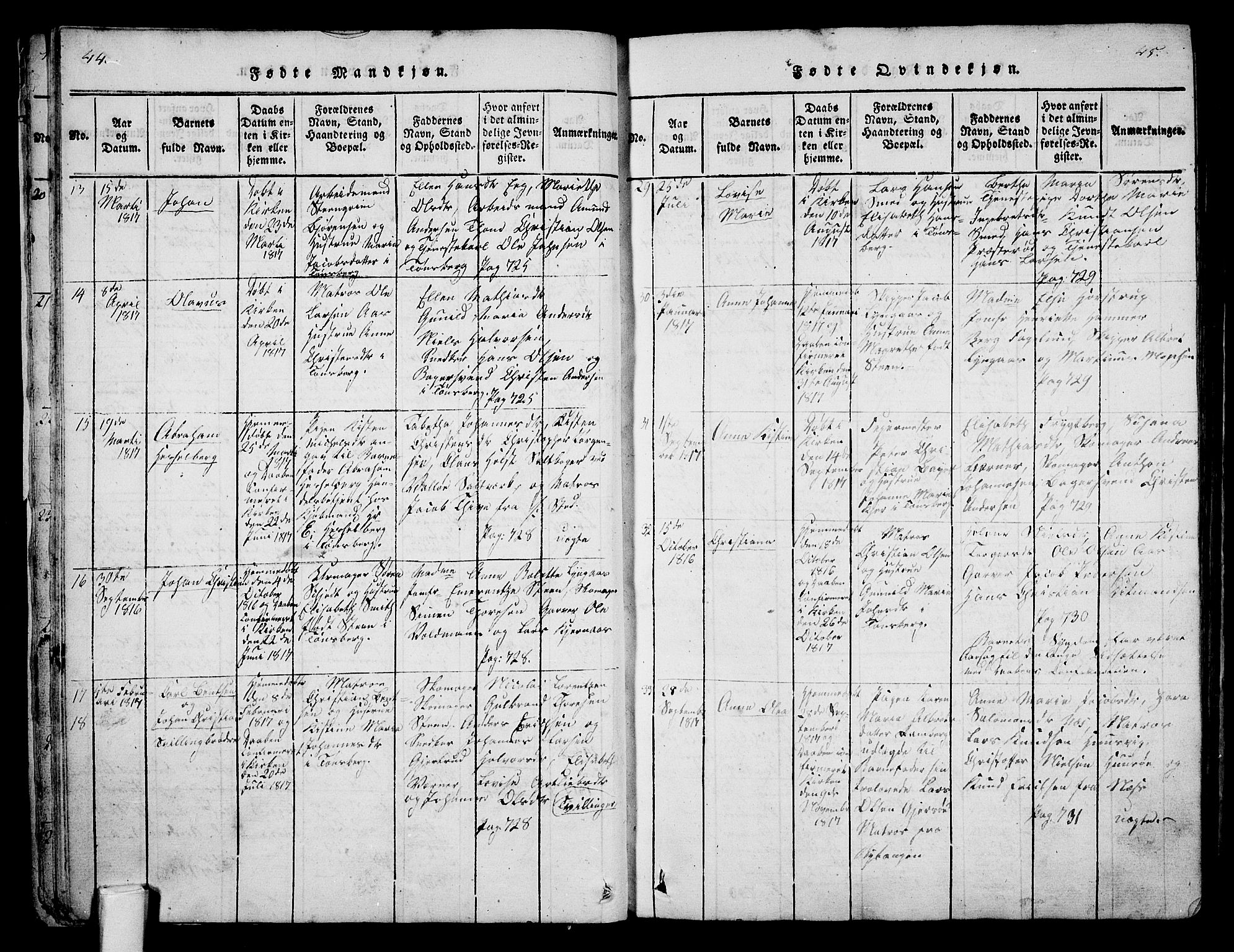 Tønsberg kirkebøker, AV/SAKO-A-330/F/Fa/L0004: Parish register (official) no. I 4, 1813-1826, p. 44-45