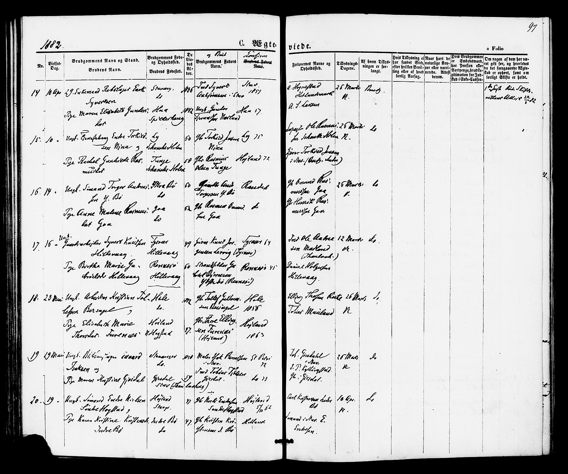 Hetland sokneprestkontor, SAST/A-101826/30/30BA/L0005: Parish register (official) no. A 5, 1869-1884, p. 97