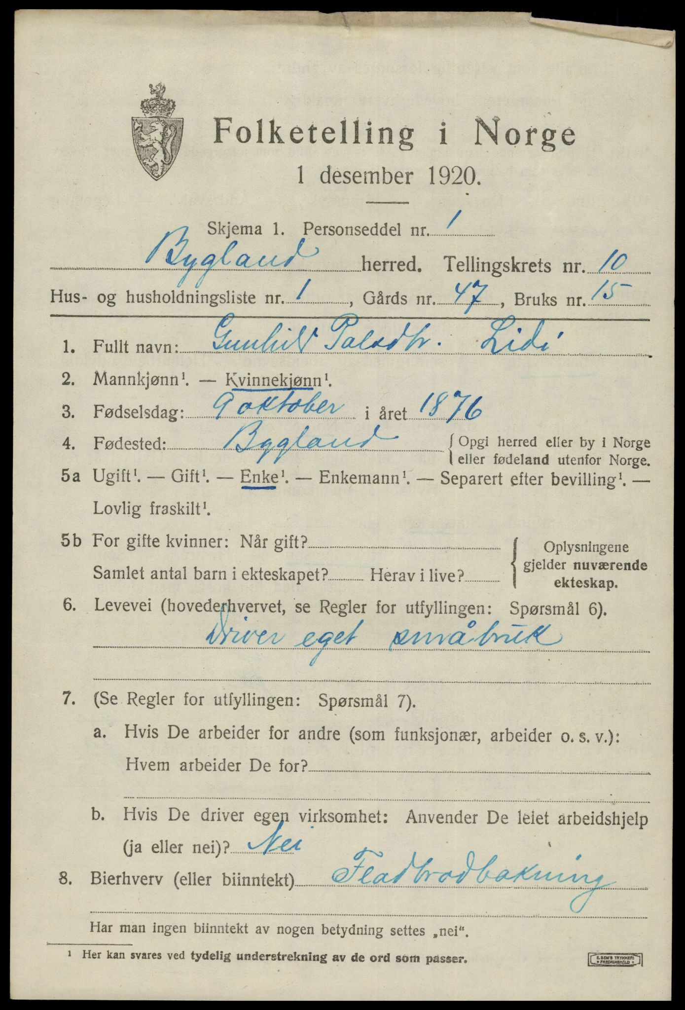 SAK, 1920 census for Bygland, 1920, p. 3701