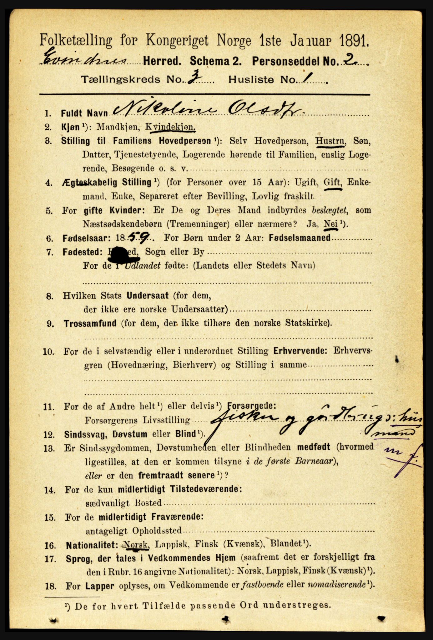 RA, 1891 census for 1853 Evenes, 1891, p. 745