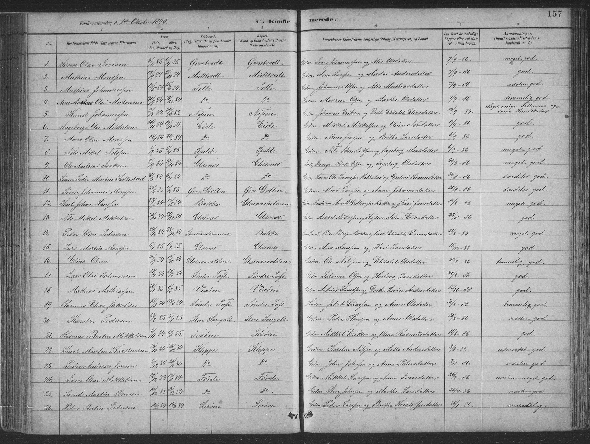 Sund sokneprestembete, SAB/A-99930: Parish register (copy) no. B 3, 1882-1911, p. 157