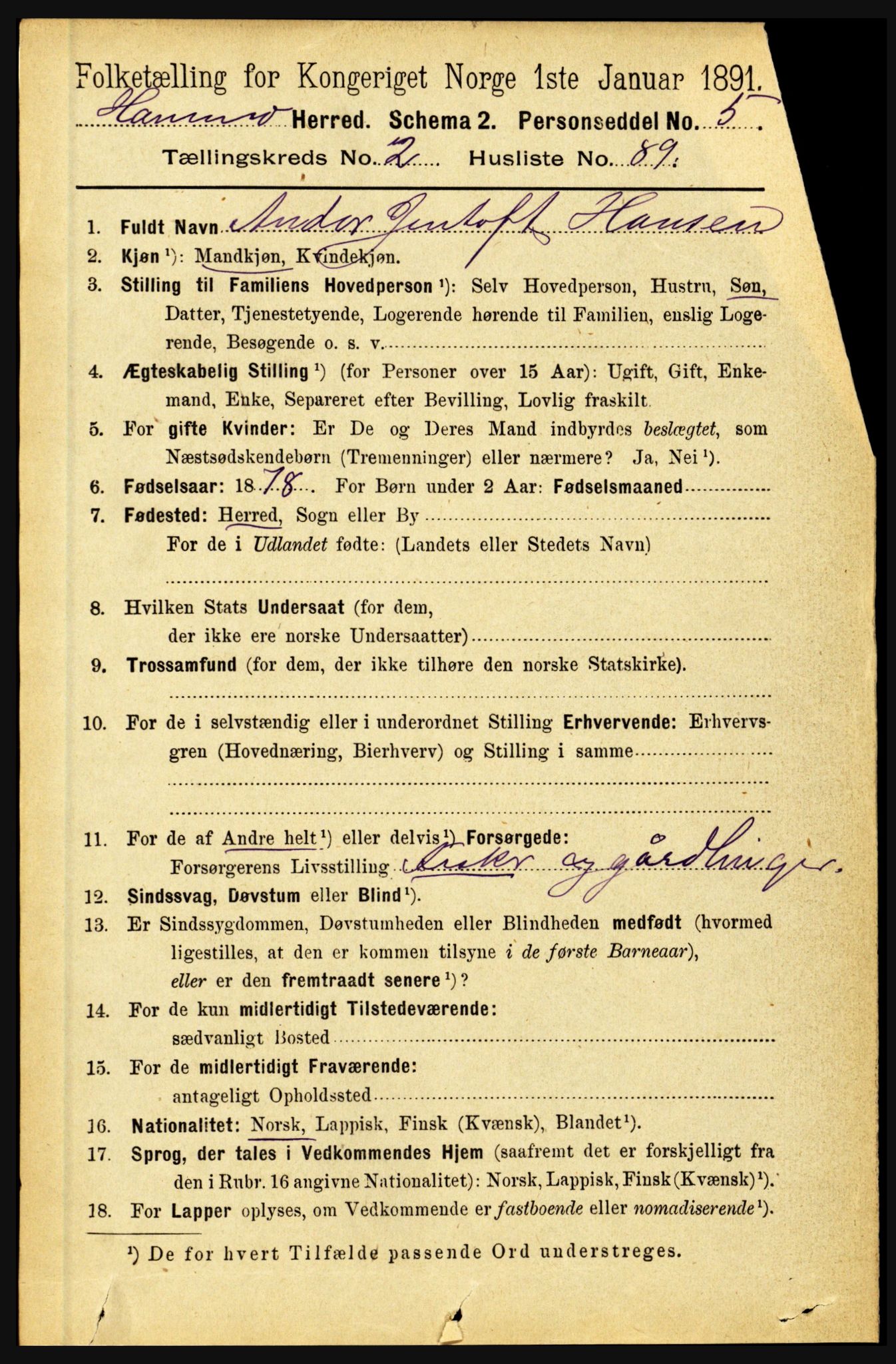 RA, 1891 census for 1849 Hamarøy, 1891, p. 1157