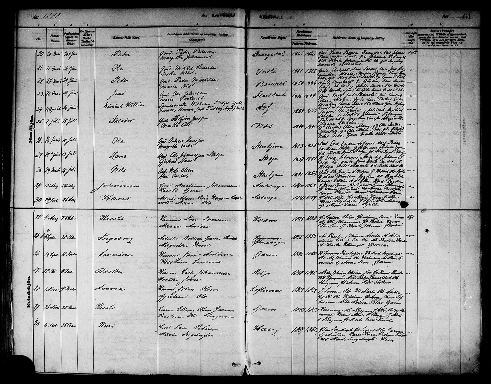 Sogndal sokneprestembete, AV/SAB-A-81301/H/Haa/Haab/L0001: Parish register (official) no. B 1, 1878-1899, p. 61