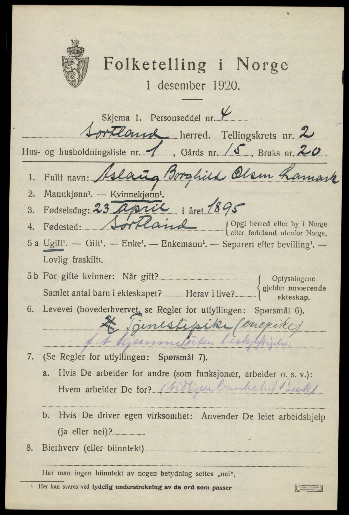 SAT, 1920 census for Sortland, 1920, p. 2776