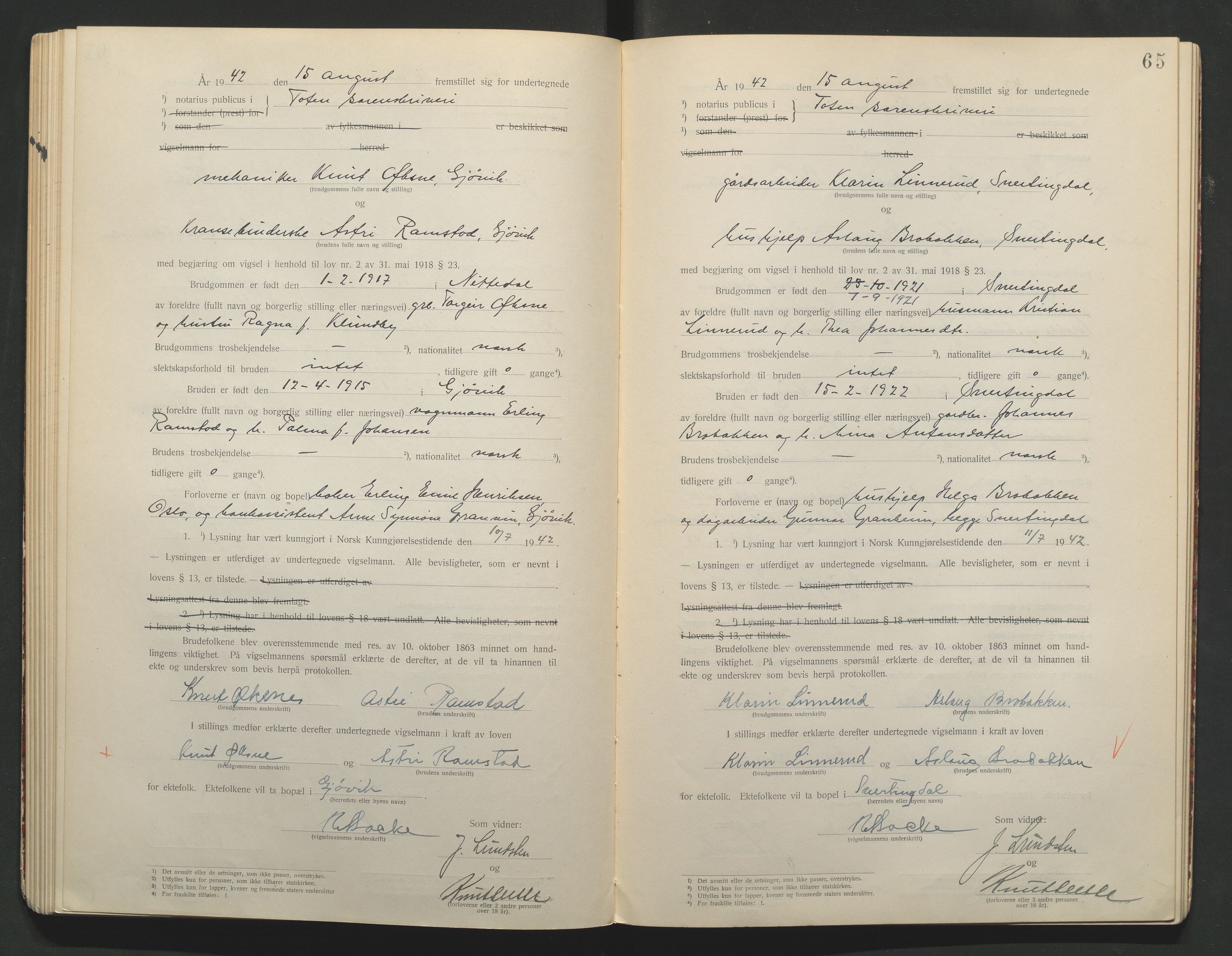 Toten tingrett, AV/SAH-TING-006/L/Lc/L0001: Vigselbok, 1920-1942, p. 65
