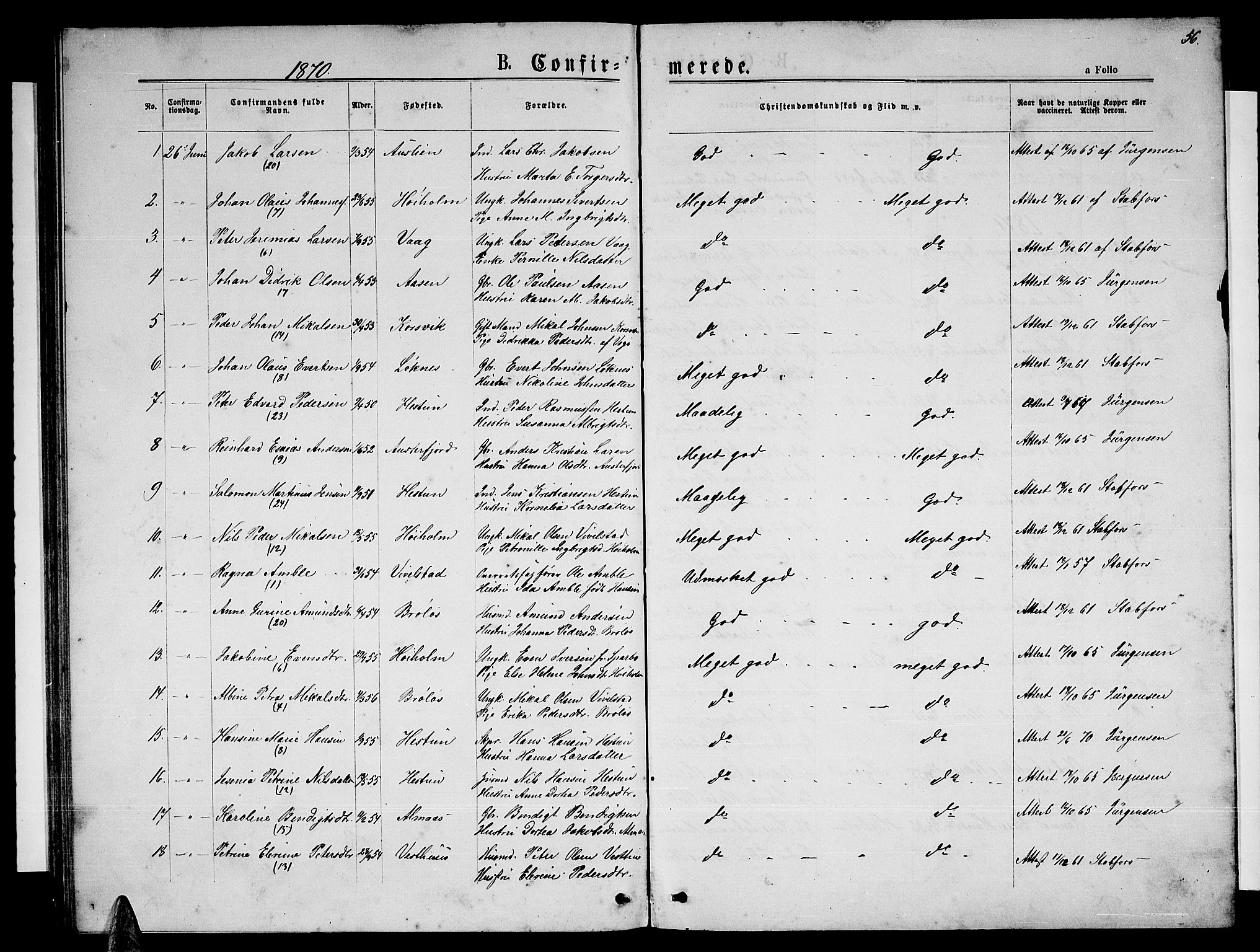 Ministerialprotokoller, klokkerbøker og fødselsregistre - Nordland, AV/SAT-A-1459/819/L0276: Parish register (copy) no. 819C02, 1869-1887, p. 56