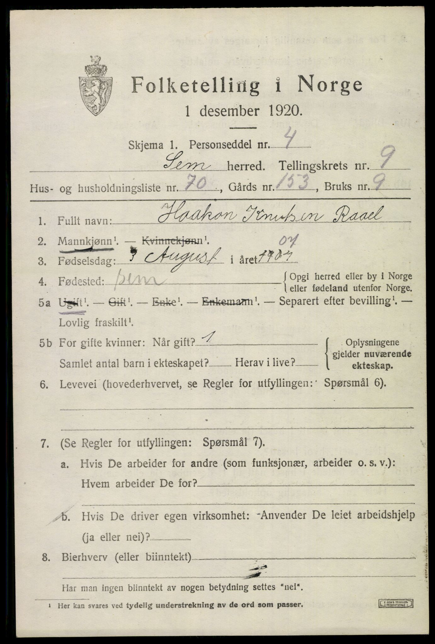 SAKO, 1920 census for Sem, 1920, p. 13387