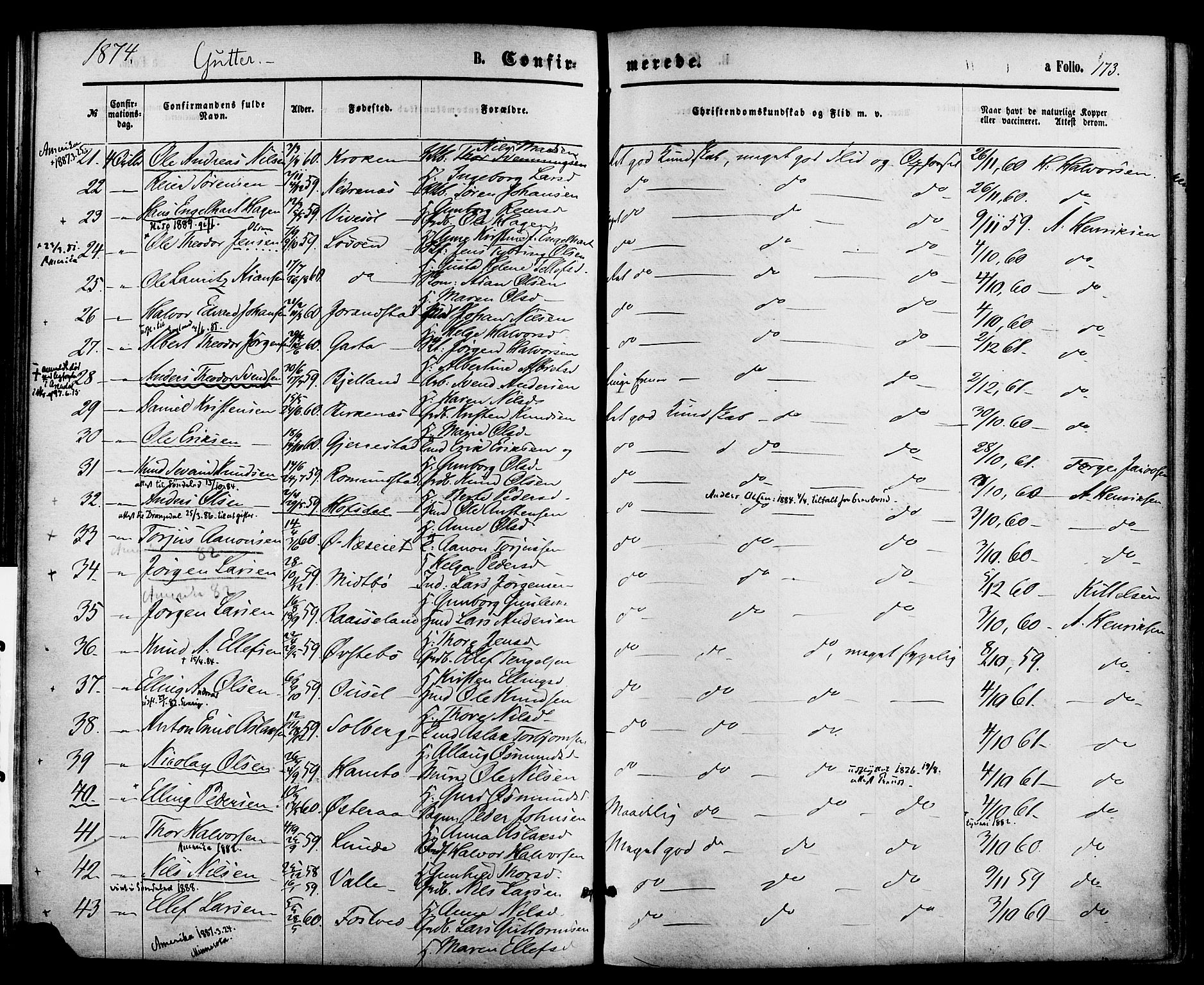 Holt sokneprestkontor, AV/SAK-1111-0021/F/Fa/L0010: Parish register (official) no. A 10, 1872-1885, p. 173