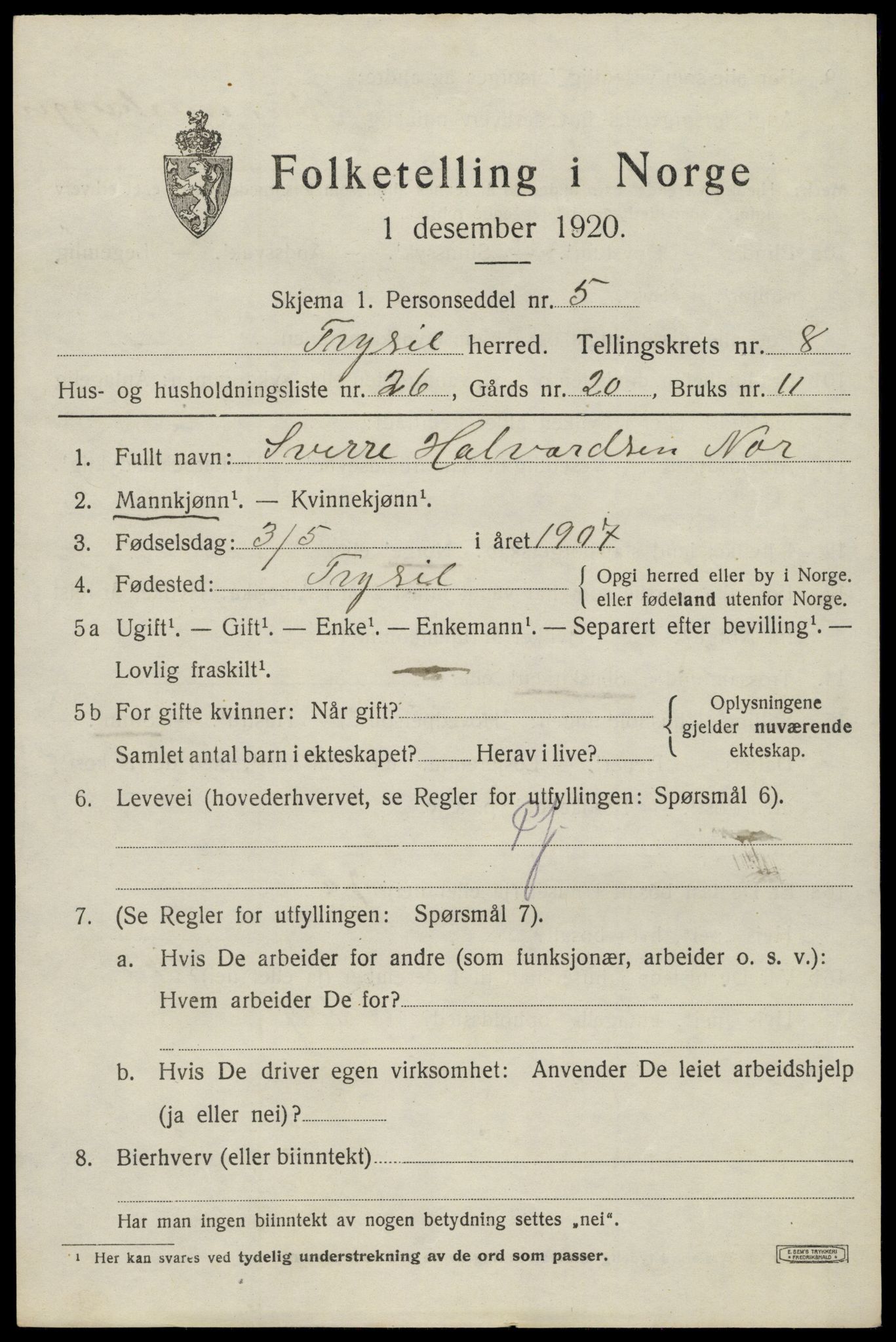 SAH, 1920 census for Trysil, 1920, p. 6551