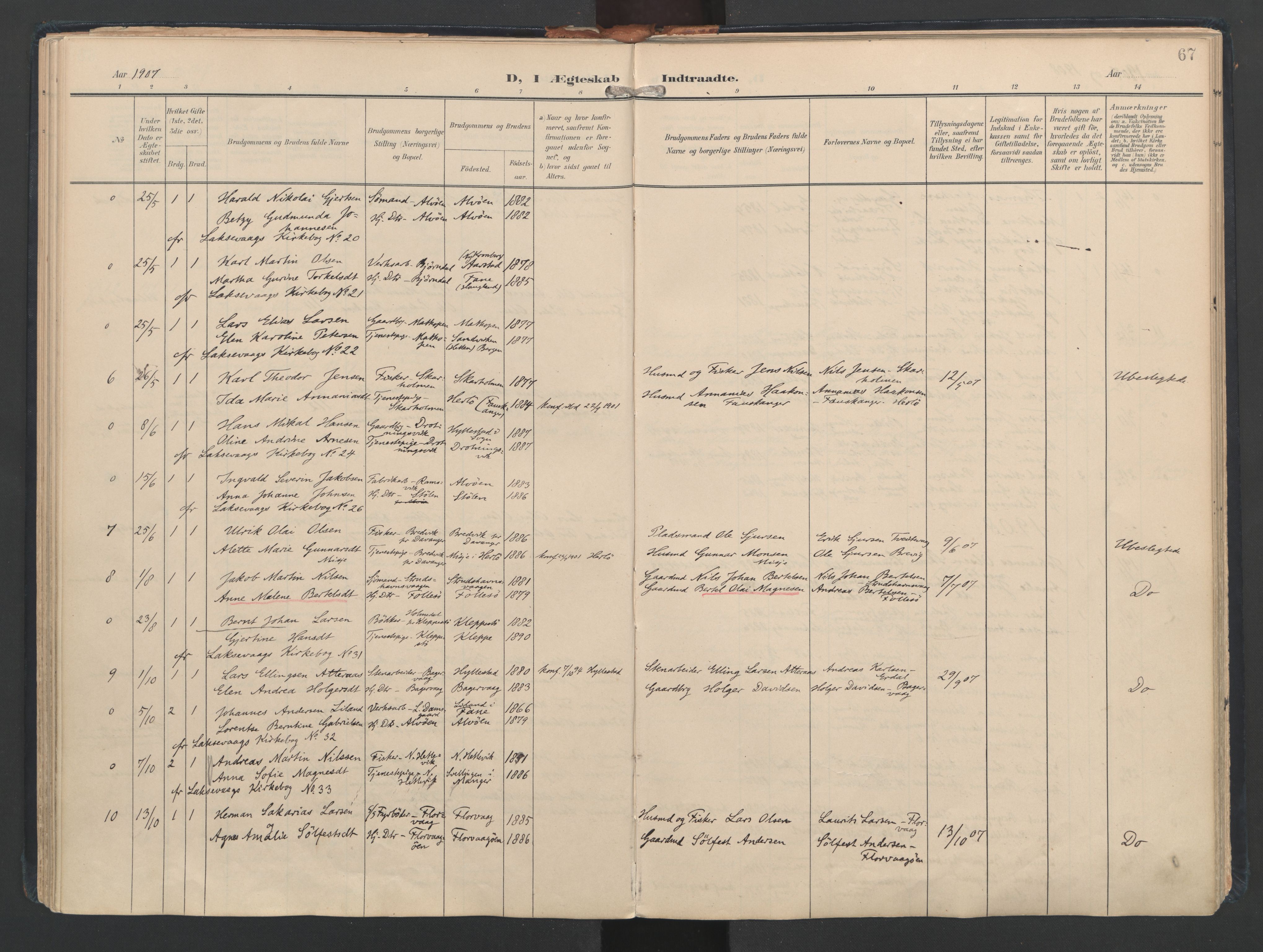 Askøy Sokneprestembete, AV/SAB-A-74101/H/Ha/Haa/Haad/L0001: Parish register (official) no. D 1, 1902-1916, p. 67