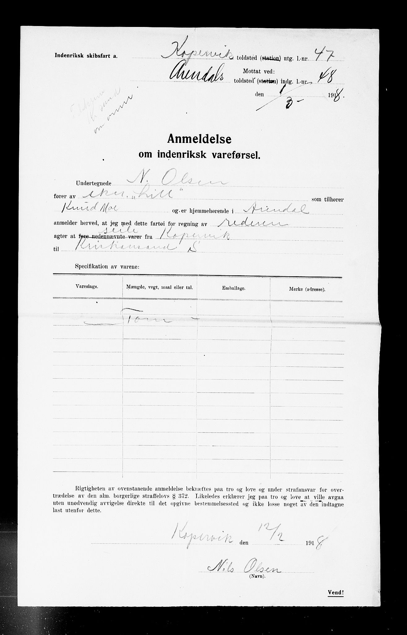 Arendal tollsted, AV/SAK-1351-0003/H/Ha/L0896: Legitimasjonsbevis for fartøyer i innenriksfart, 1886-1948, p. 6