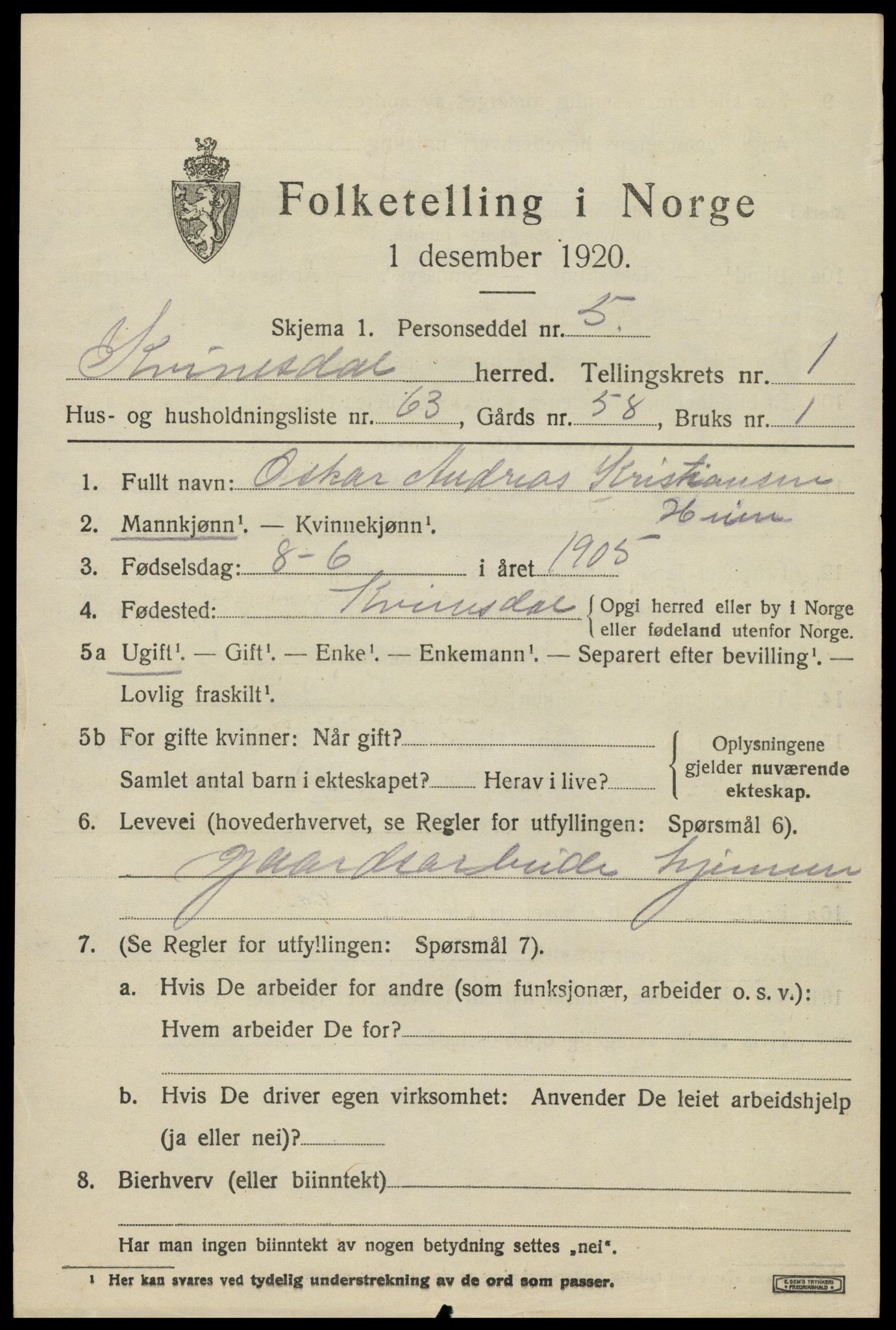 SAK, 1920 census for Kvinesdal, 1920, p. 1837