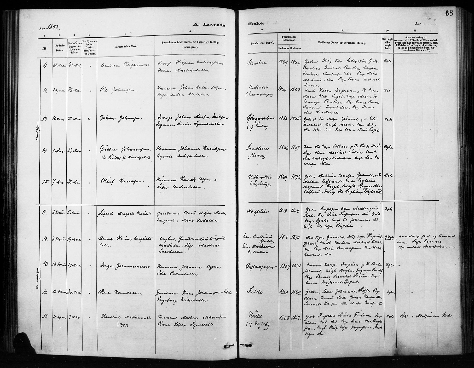 Nordre Land prestekontor, AV/SAH-PREST-124/H/Ha/Haa/L0004: Parish register (official) no. 4, 1882-1896, p. 68