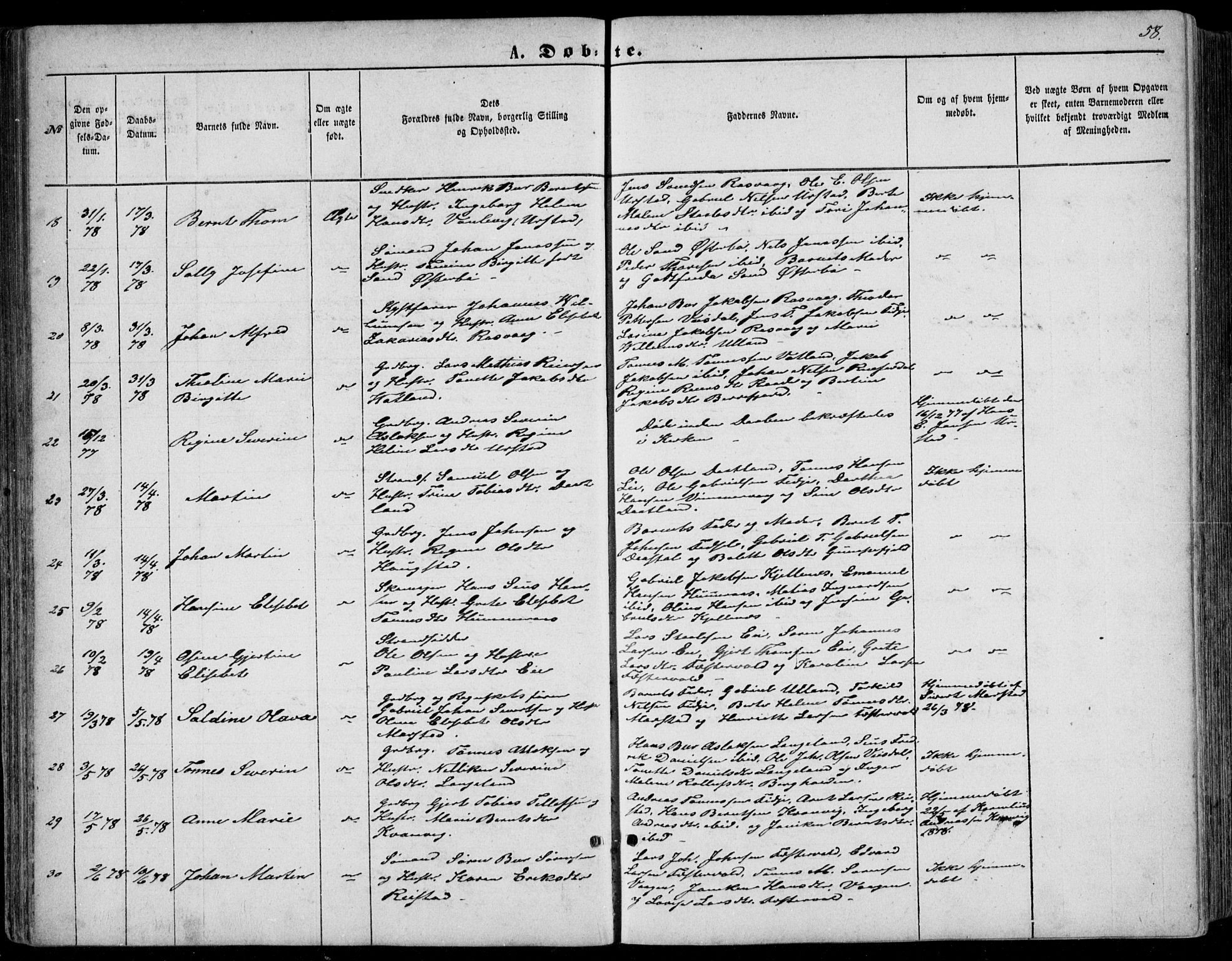 Flekkefjord sokneprestkontor, AV/SAK-1111-0012/F/Fb/Fbb/L0003: Parish register (copy) no. B 3, 1867-1889, p. 58