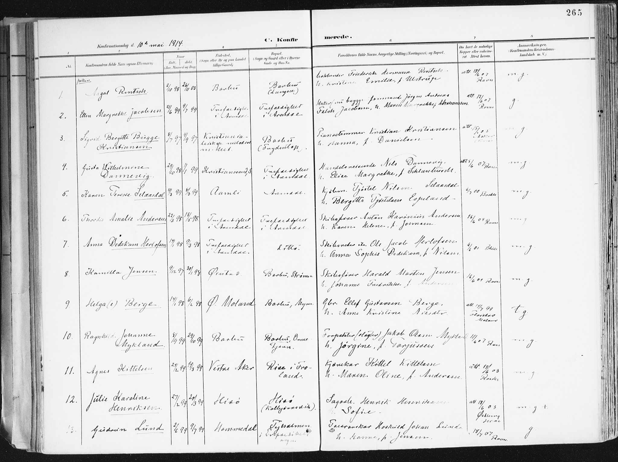 Arendal sokneprestkontor, Trefoldighet, AV/SAK-1111-0040/F/Fa/L0010: Parish register (official) no. A 10, 1900-1919, p. 265