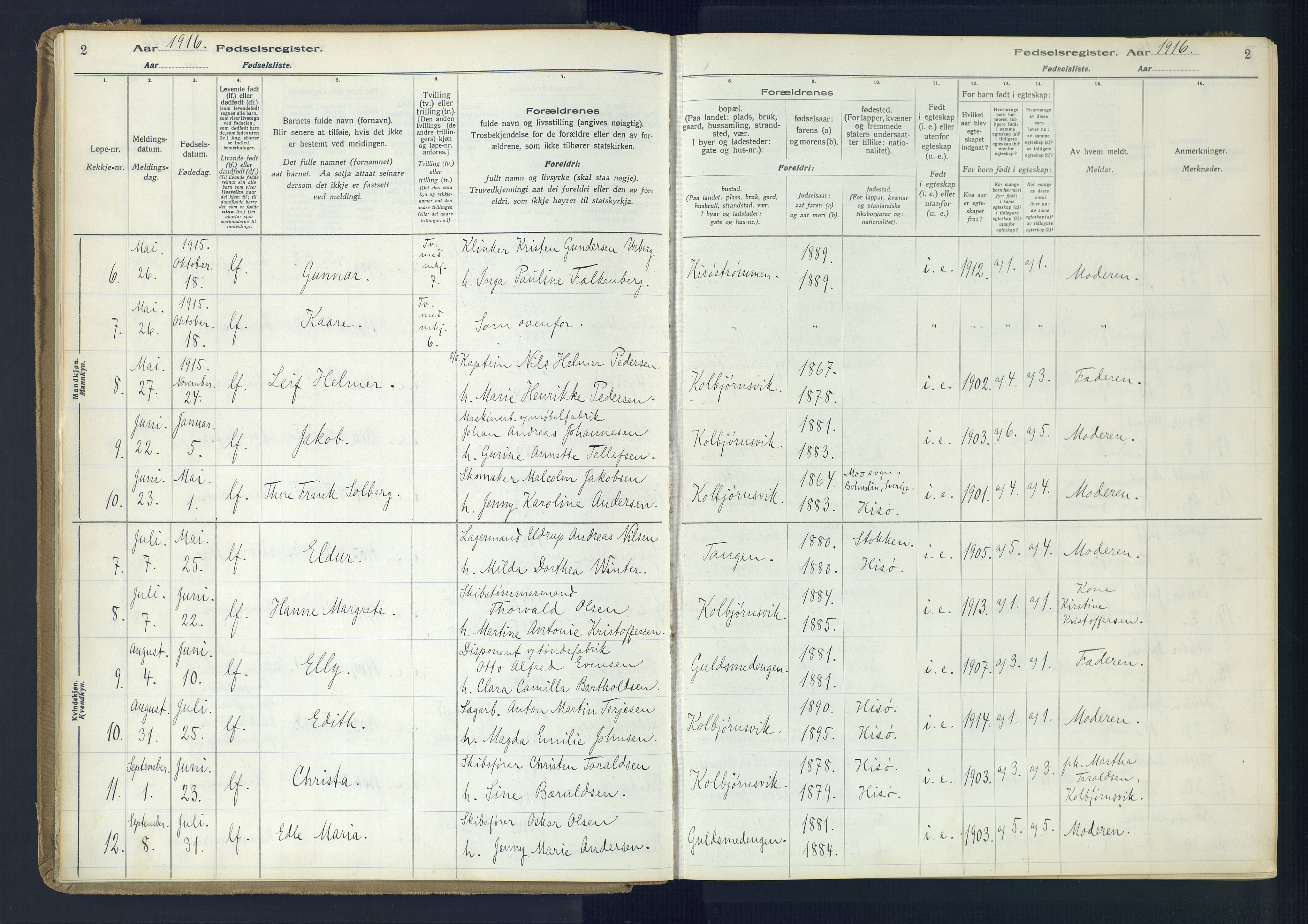 Hisøy sokneprestkontor, AV/SAK-1111-0020/J/Ja/L0001: Birth register no. A-VI-14, 1916-1951, p. 2