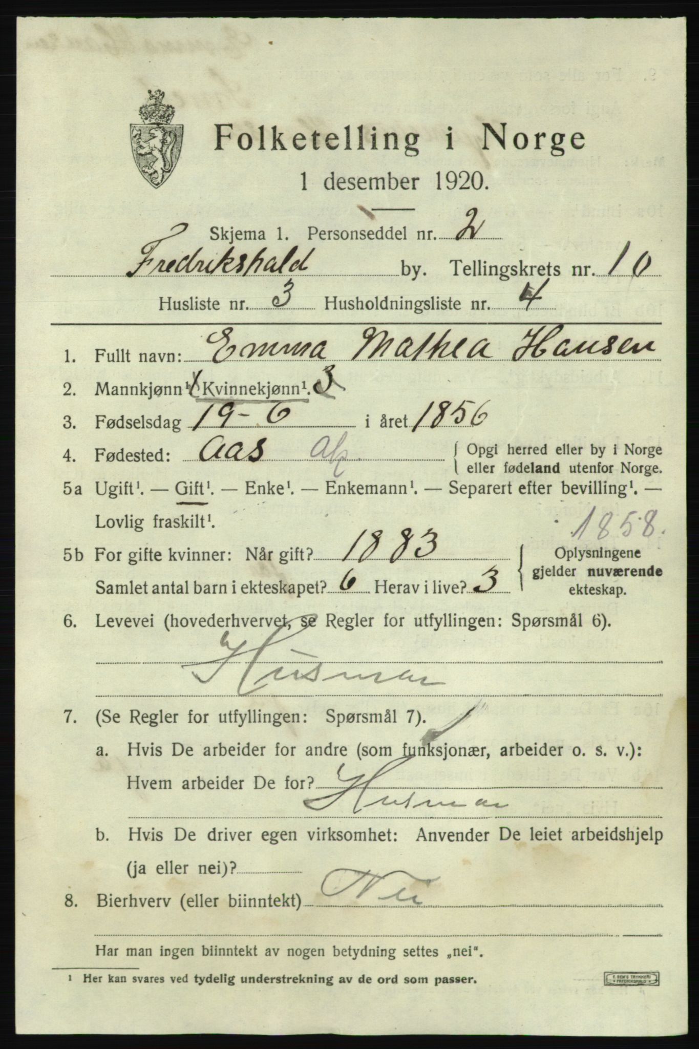 SAO, 1920 census for Fredrikshald, 1920, p. 17482